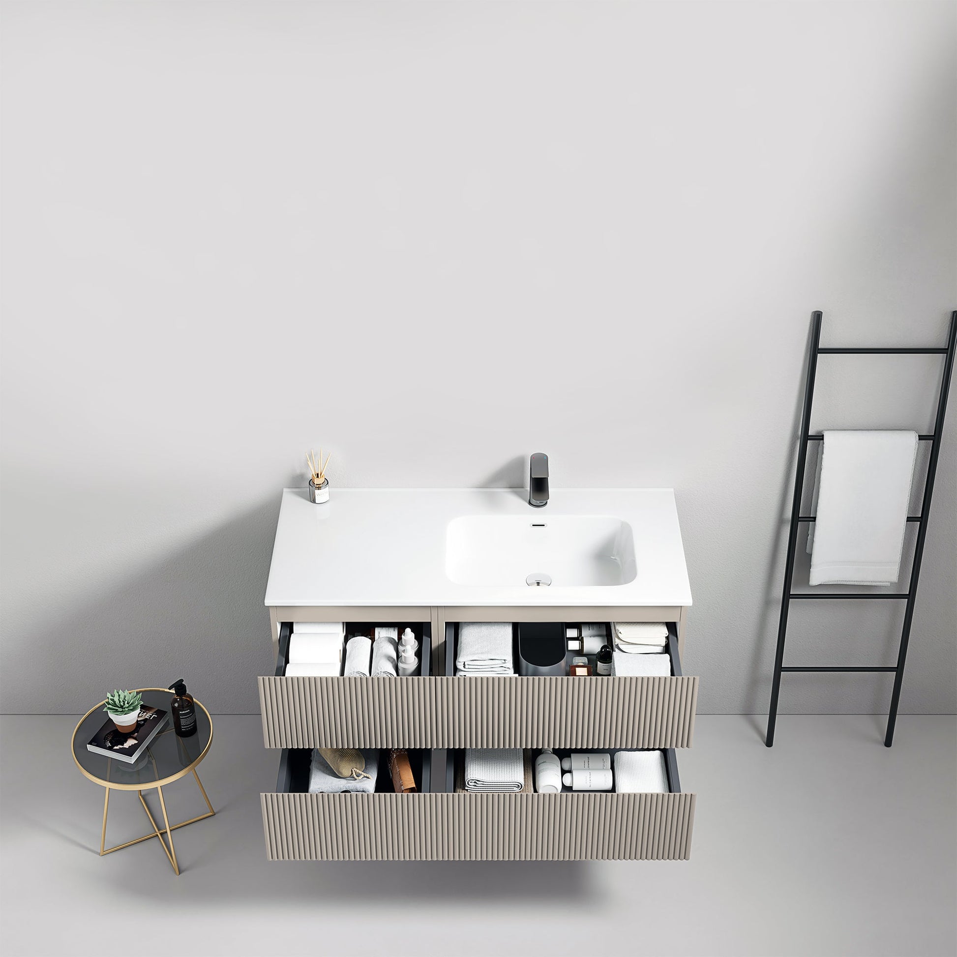 Mobile bagno sospeso cannettato 100 cm Grigio Cenere Lavabo a Destra in Ceramica Senza Specchio - Fiji Paint