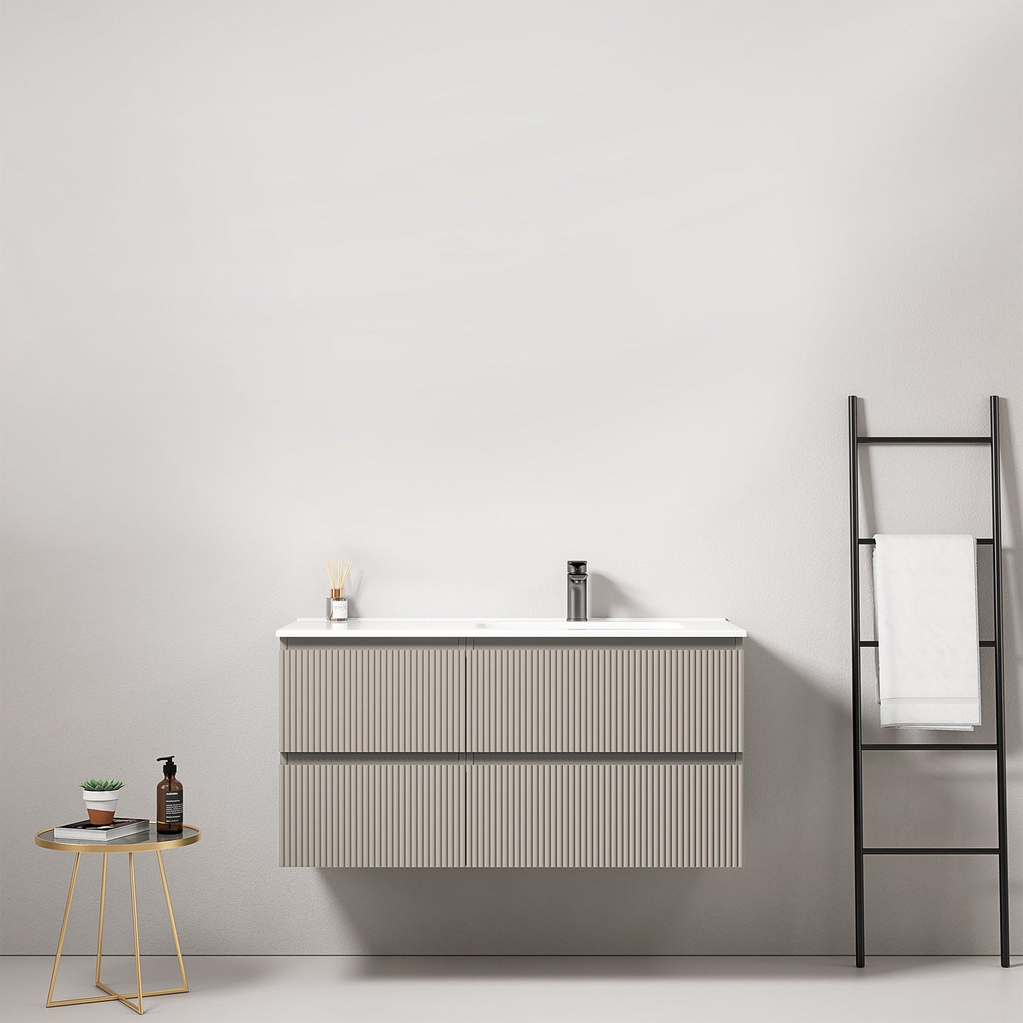 Mobile bagno sospeso cannettato 100 cm Grigio Cenere Lavabo a Destra in Ceramica Senza Specchio - Fiji Paint