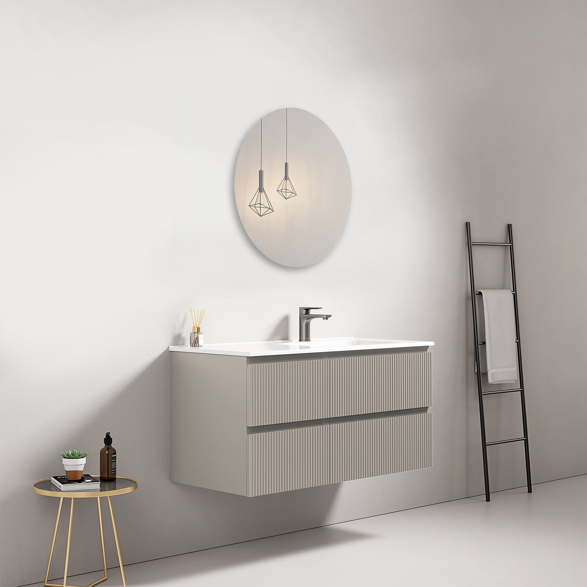 Mobile bagno sospeso cannettato 100 cm Grigio Cenere Lavabo a Destra in Ceramica Specchio Tondo - Fiji Paint.