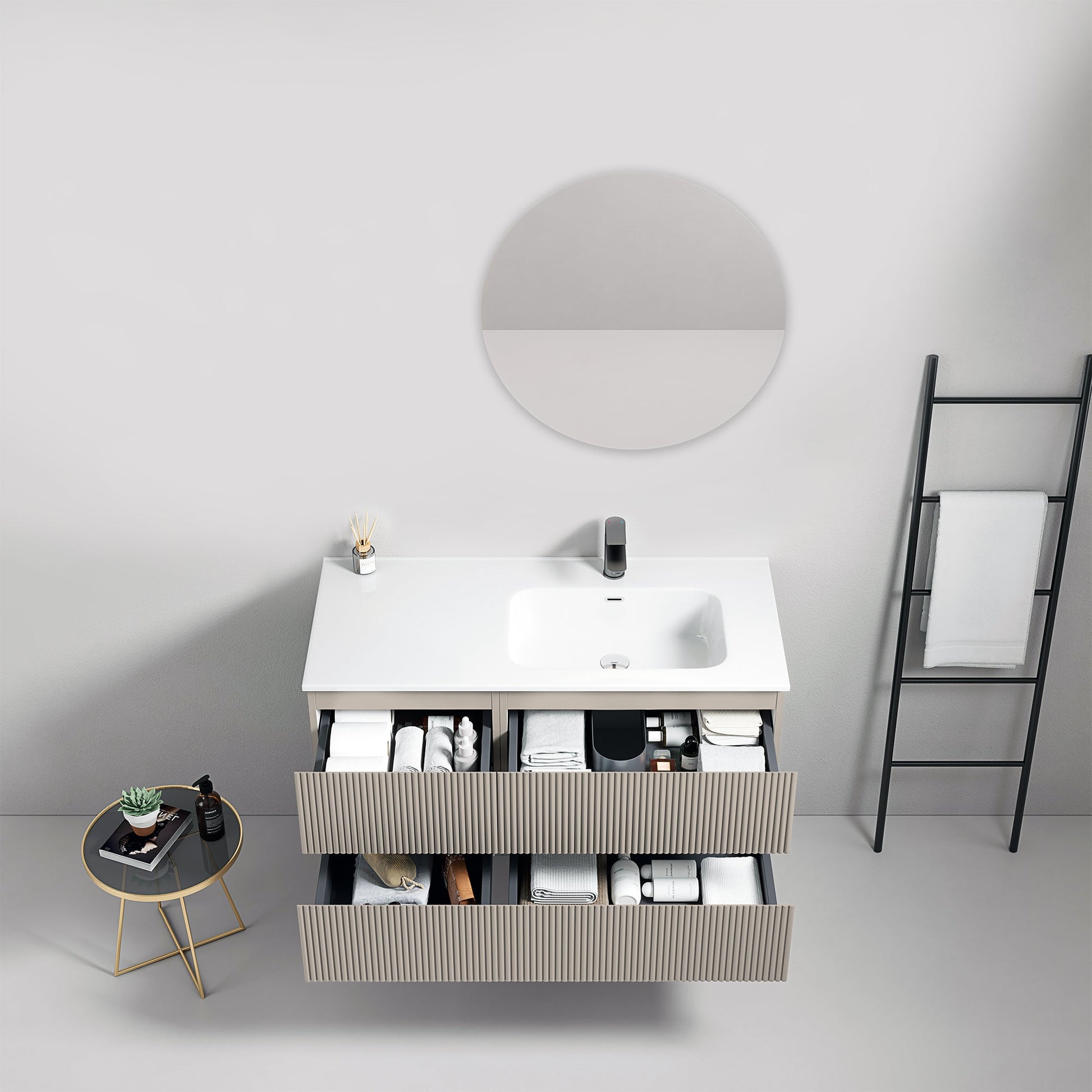 Mobile bagno sospeso cannettato 100 cm Grigio Cenere Lavabo a Destra in Ceramica Specchio Tondo - Fiji Paint