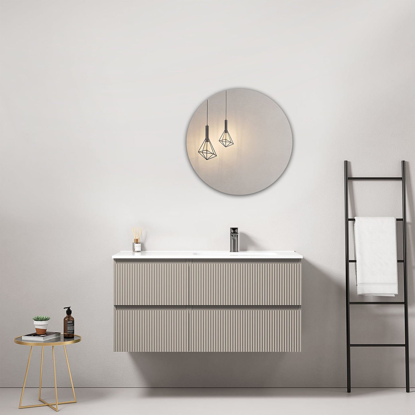 Mobile bagno sospeso cannettato 100 cm Grigio Cenere Lavabo a Destra in Ceramica Specchio Tondo - Fiji Paint