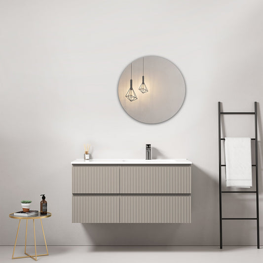 Mobile bagno sospeso cannettato 100 cm Grigio Cenere Lavabo a Destra in Ceramica Specchio Tondo - Fiji Paint