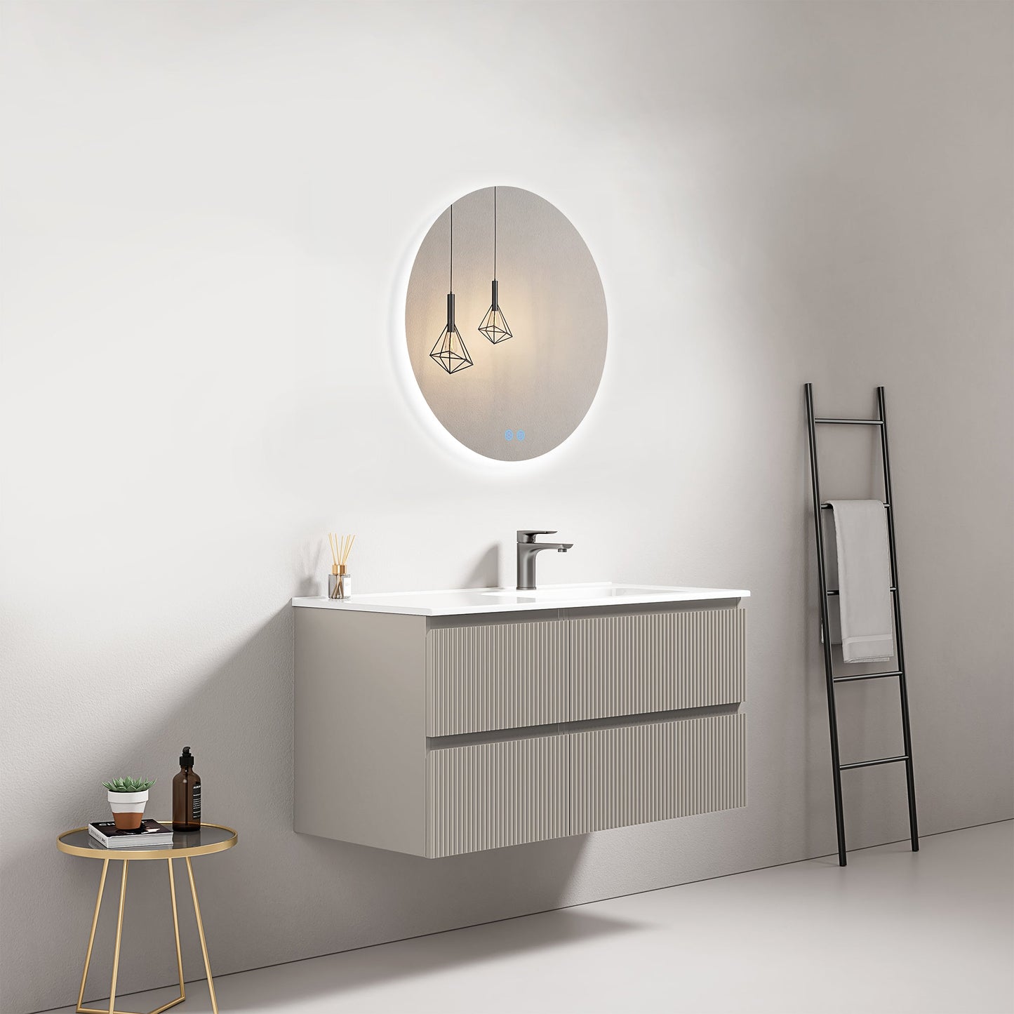Mobile bagno sospeso cannettato 100 cm Grigio Cenere Lavabo a Destra in Ceramica Specchio Tondo Retroilluminato - Fiji Paint.