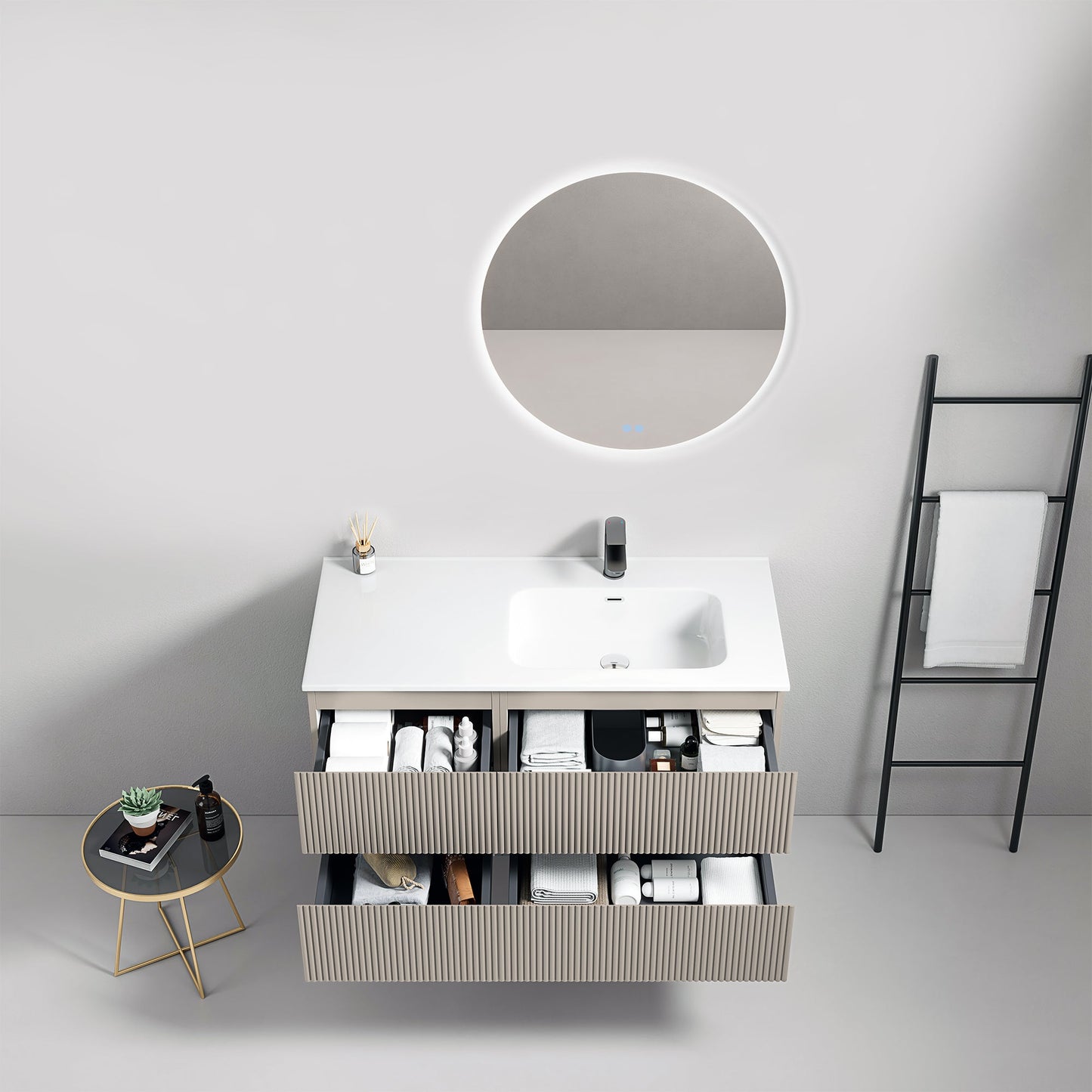 Mobile bagno sospeso cannettato 100 cm Grigio Cenere Lavabo a Destra in Ceramica Specchio Tondo Retroilluminato - Fiji Paint