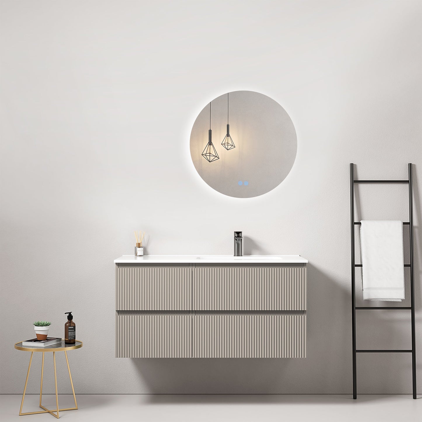 Mobile bagno sospeso cannettato 100 cm Grigio Cenere Lavabo a Destra in Ceramica Specchio Tondo Retroilluminato - Fiji Paint