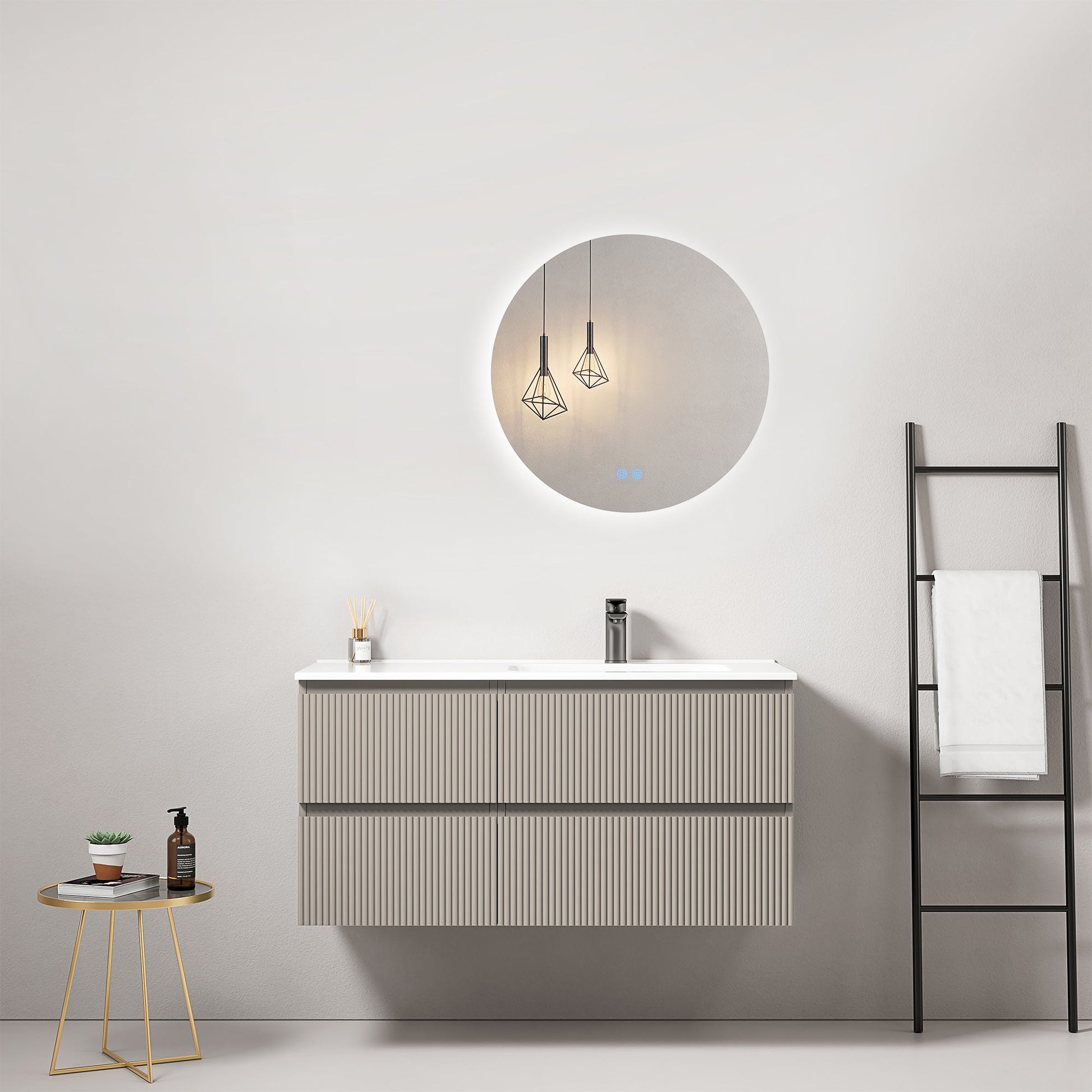 Mobile bagno sospeso cannettato 100 cm Grigio Cenere Lavabo a Destra in Ceramica Specchio Tondo Retroilluminato - Fiji Paint