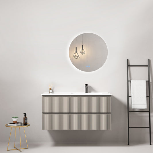 Mobile bagno sospeso cannettato 100 cm Grigio Cenere Lavabo a Destra in Ceramica Specchio Tondo Retroilluminato - Fiji Paint