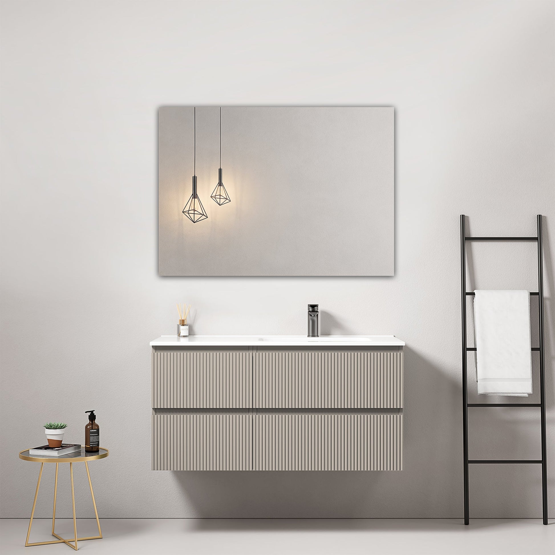 Mobile bagno sospeso cannettato 100 cm Grigio Cenere Lavabo a Destra in Ceramica Specchio Quadro - Fiji Paint
