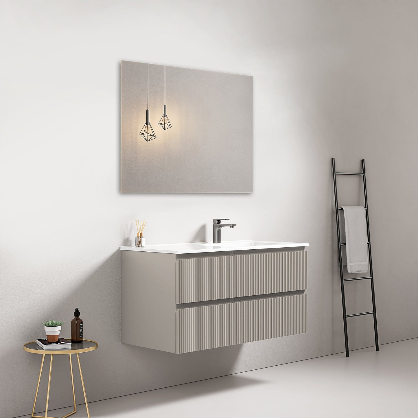 Mobile bagno sospeso cannettato 100 cm Grigio Cenere Lavabo a Destra in Ceramica Specchio Quadro - Fiji Paint