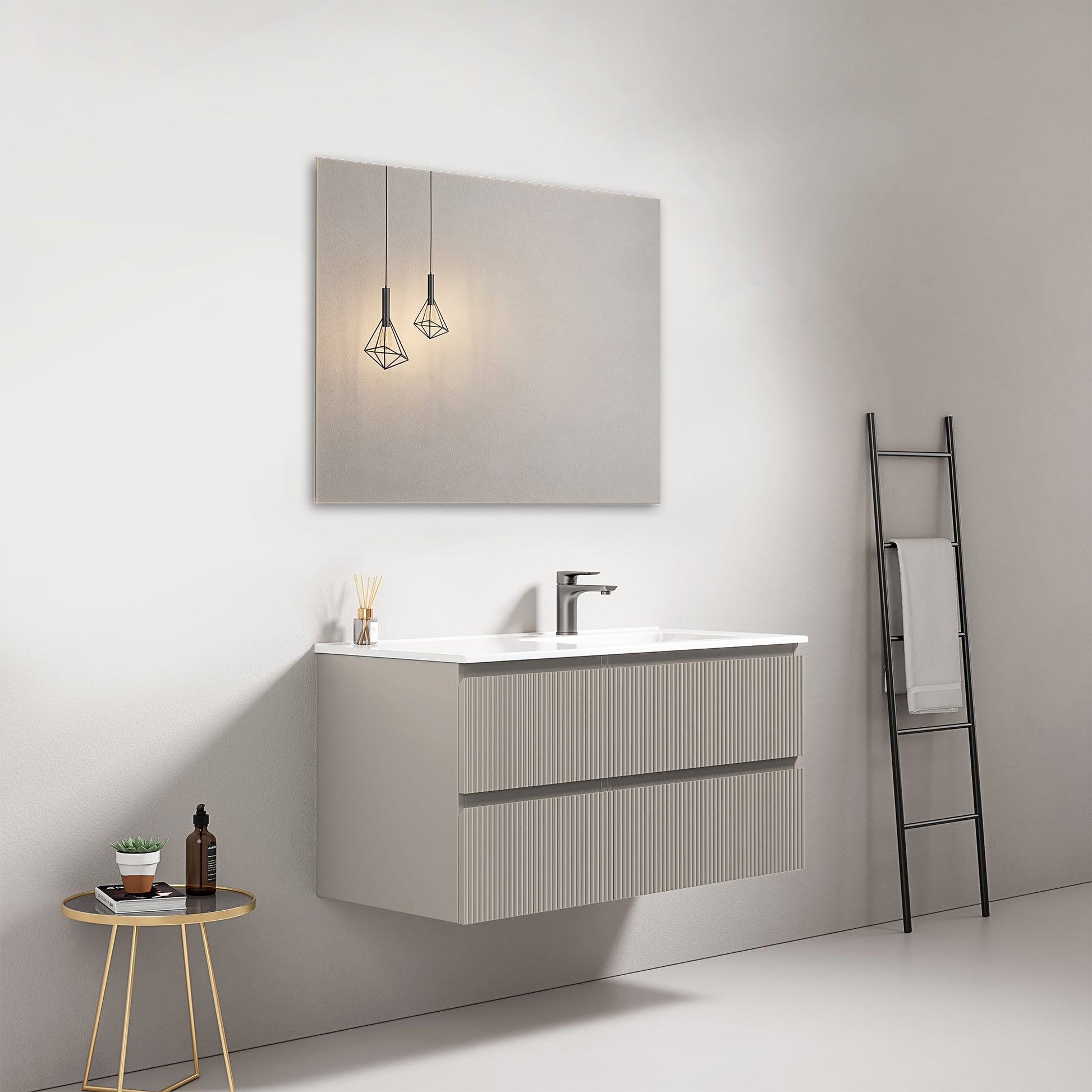 Mobile bagno sospeso cannettato 100 cm Grigio Cenere Lavabo a Destra in Ceramica Specchio Quadro - Fiji Paint