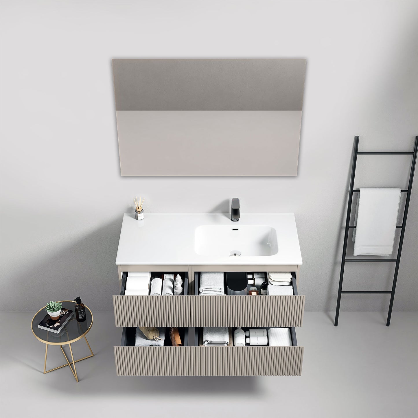 Mobile bagno sospeso cannettato 100 cm Grigio Cenere Lavabo a Destra in Ceramica Specchio Quadro - Fiji Paint