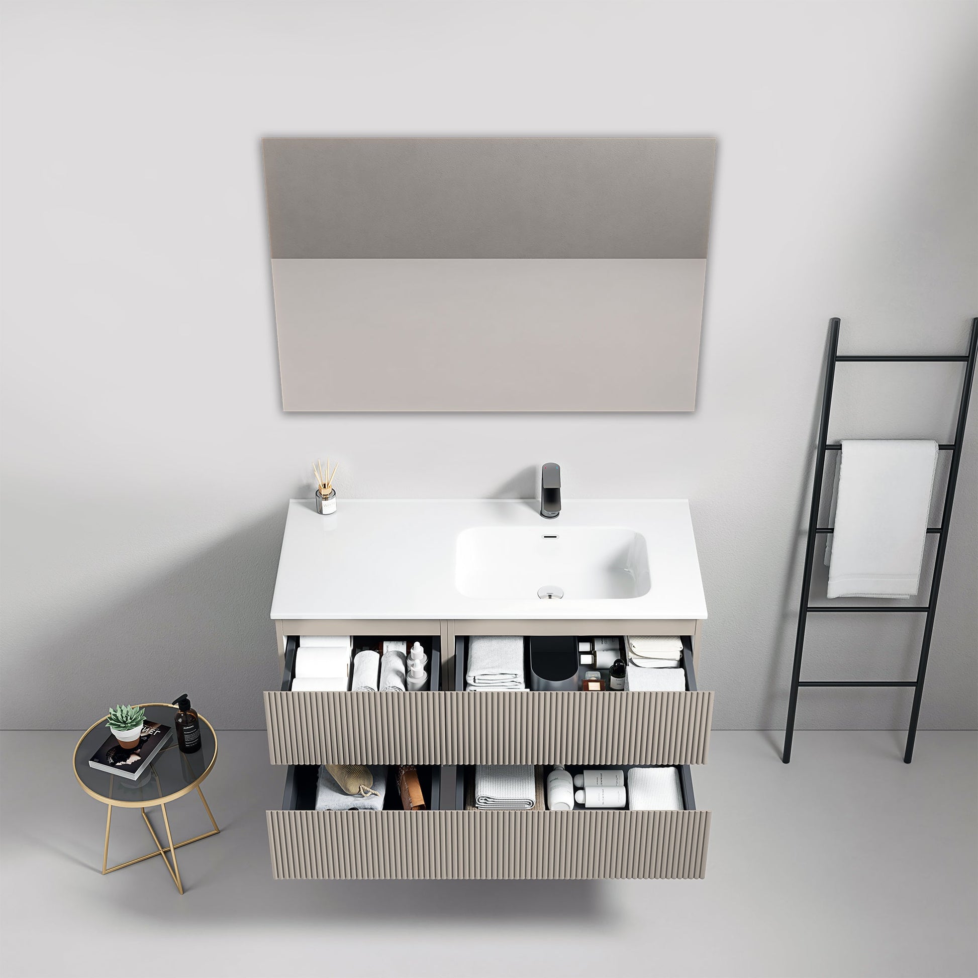 Mobile bagno sospeso cannettato 100 cm Grigio Cenere Lavabo a Destra in Ceramica Specchio Quadro - Fiji Paint