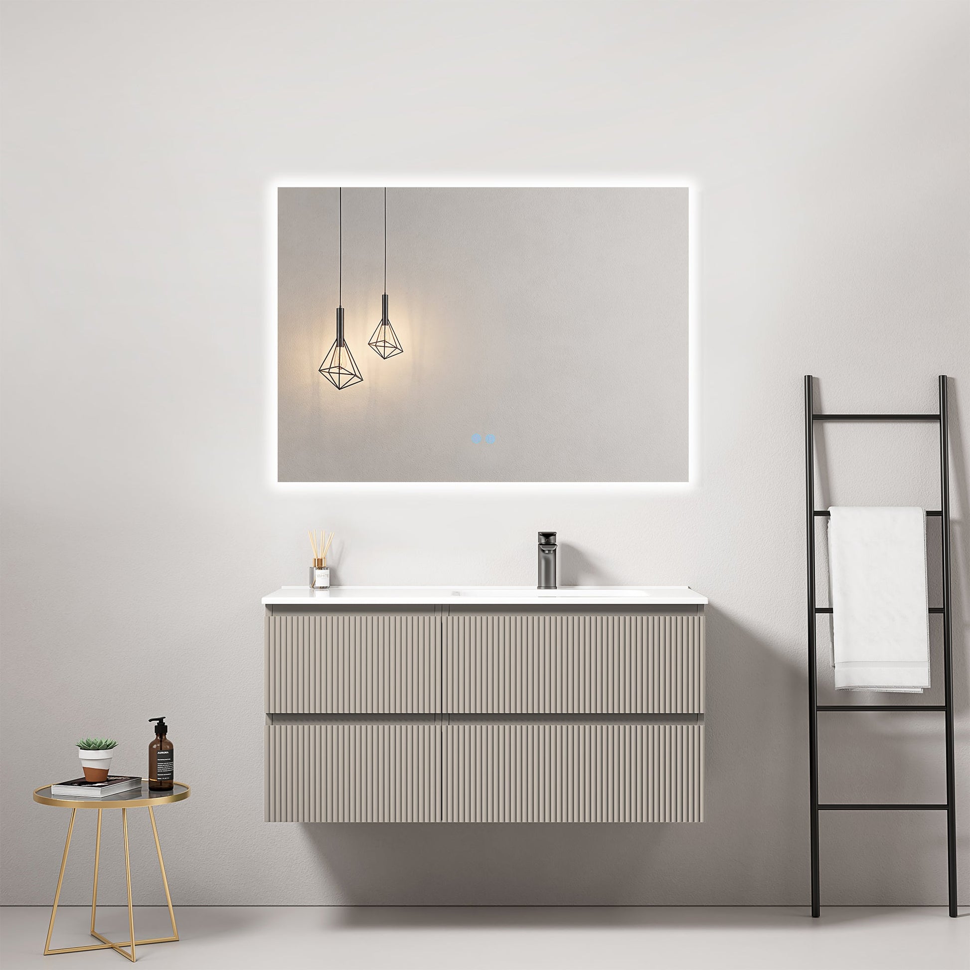 Mobile bagno sospeso cannettato 100 cm Grigio Cenere Lavabo a Destra in Ceramica Specchio Quadro Retroilluminato - Fiji Paint.
