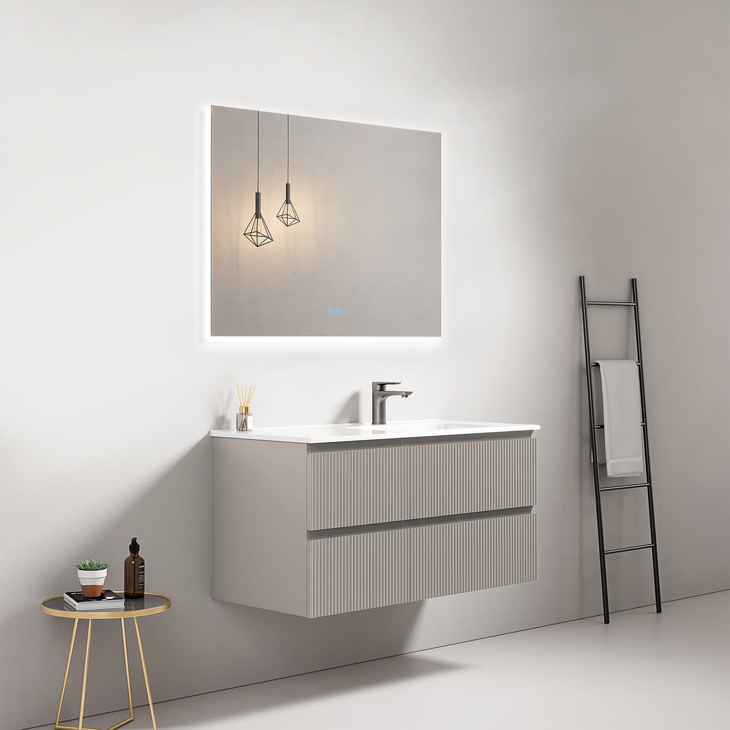 Mobile bagno sospeso cannettato 100 cm Grigio Cenere Lavabo a Destra in Ceramica Specchio Quadro Retroilluminato - Fiji Paint.