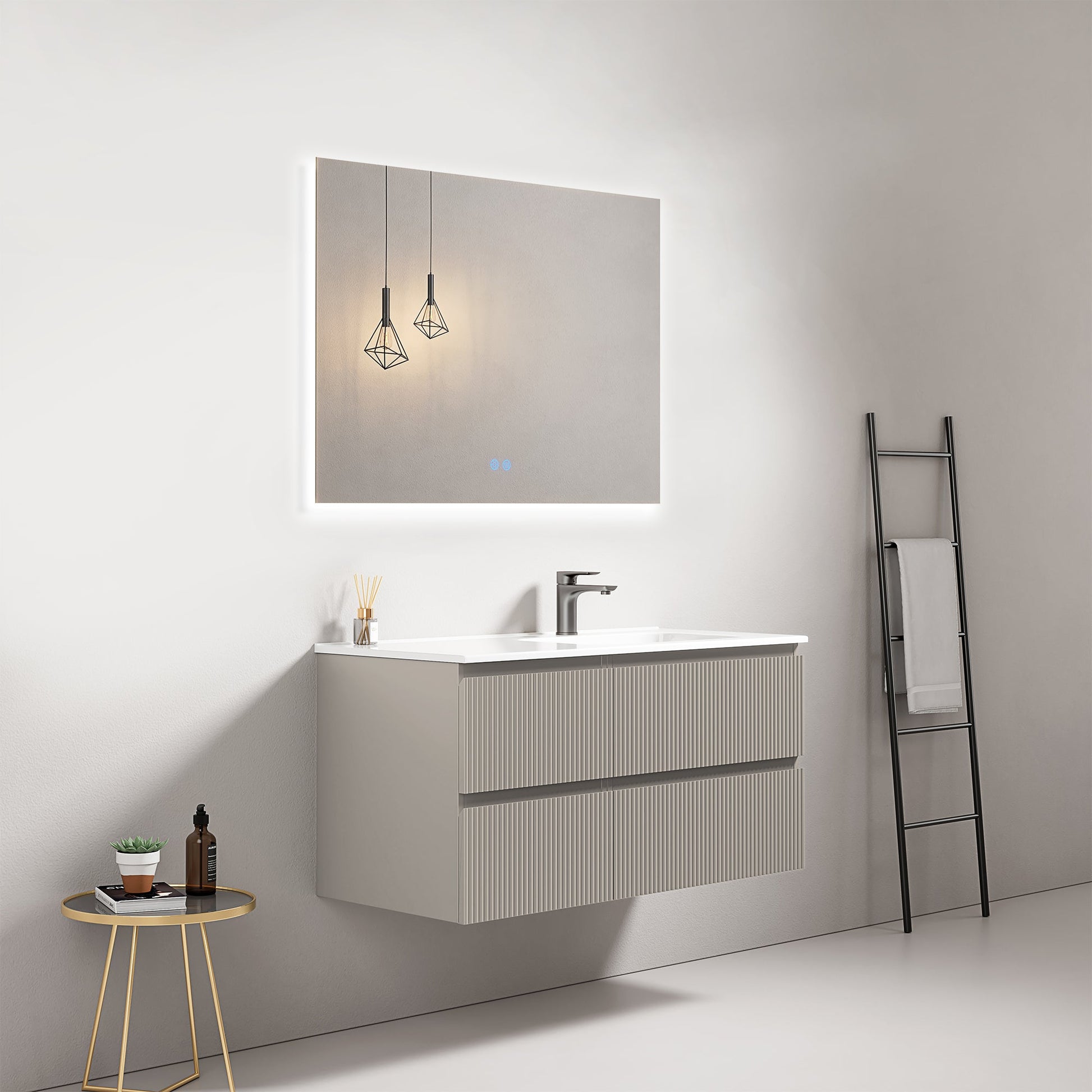 Mobile bagno sospeso cannettato 100 cm Grigio Cenere Lavabo a Destra in Ceramica Specchio Quadro Retroilluminato - Fiji Paint.