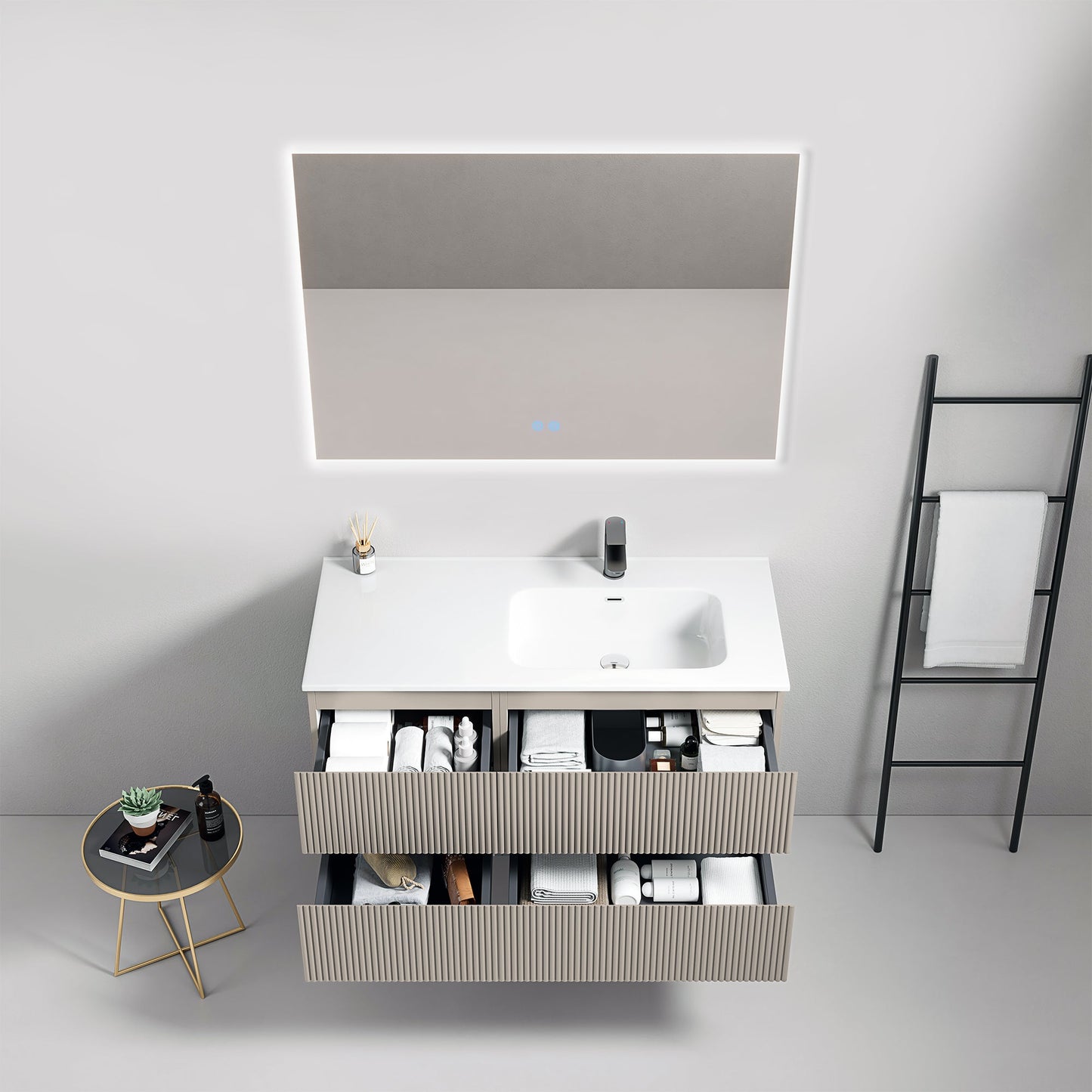 Mobile bagno sospeso cannettato 100 cm Grigio Cenere Lavabo a Destra in Ceramica Specchio Quadro Retroilluminato - Fiji Paint