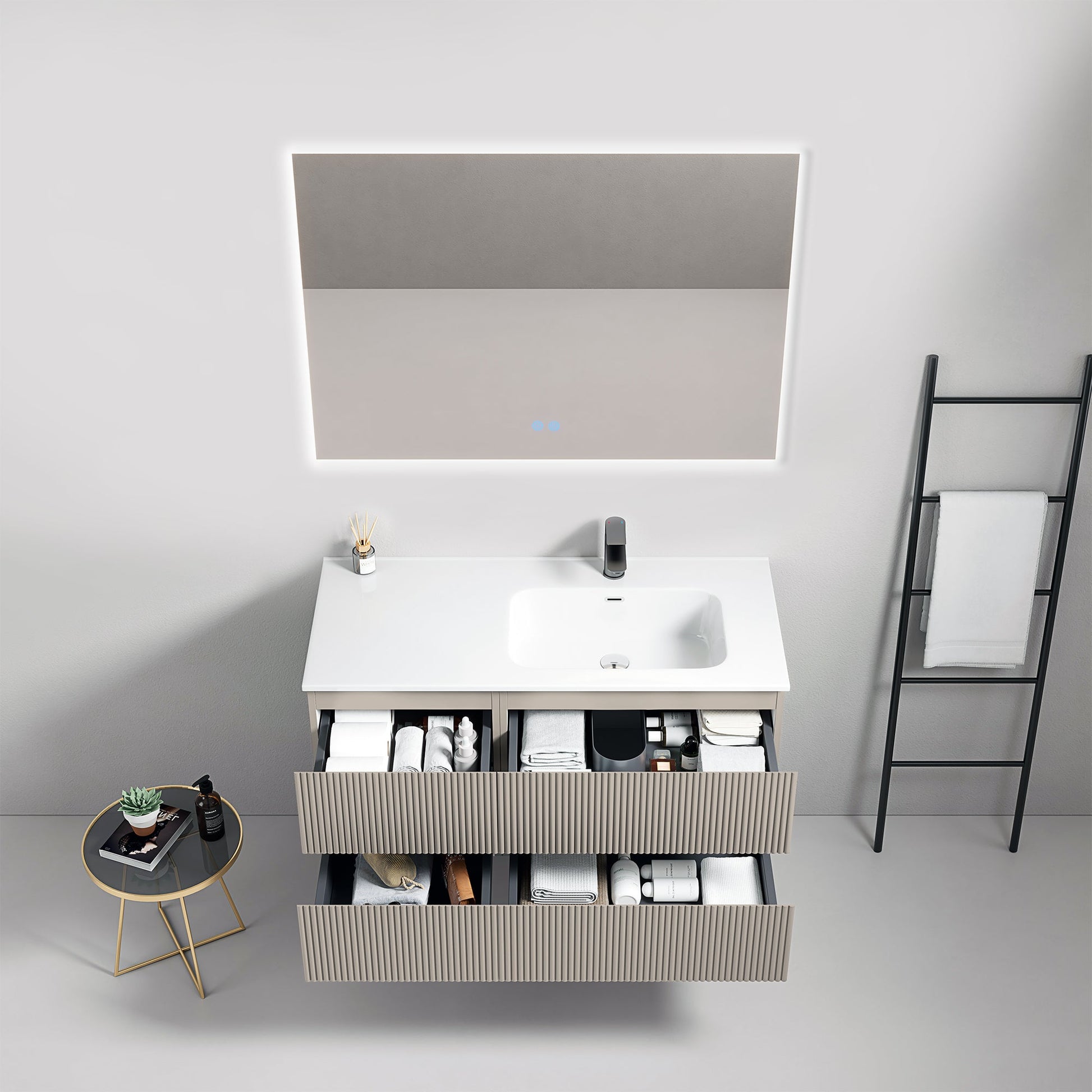 Mobile bagno sospeso cannettato 100 cm Grigio Cenere Lavabo a Destra in Ceramica Specchio Quadro Retroilluminato - Fiji Paint