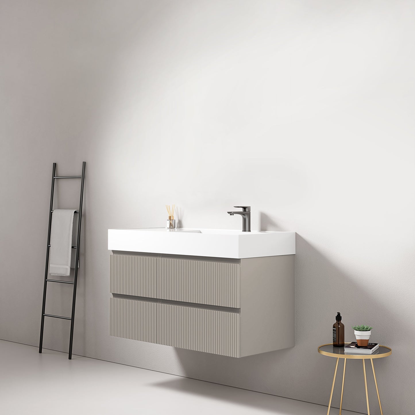 Mobile bagno sospeso cannettato 100 cm Grigio Cenere Lavabo a Destra in Resina Senza Specchio - Fiji Paint