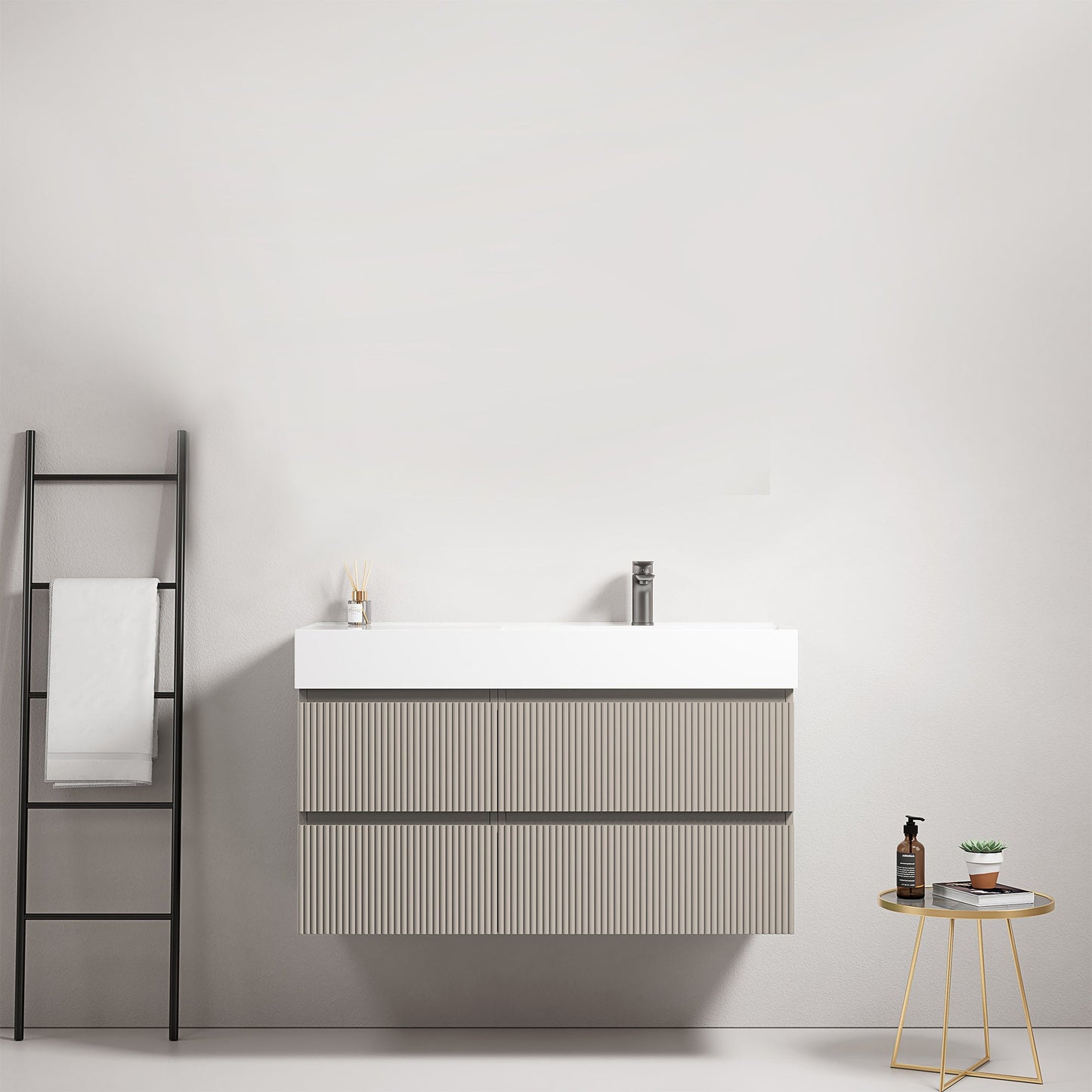 Mobile bagno sospeso cannettato 100 cm Grigio Cenere Lavabo a Destra in Resina Senza Specchio - Fiji Paint