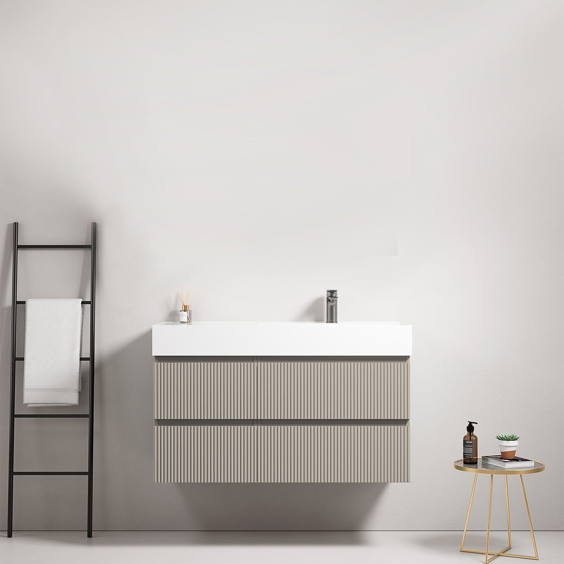 Mobile bagno sospeso cannettato 100 cm Grigio Cenere Lavabo a Destra in Resina Senza Specchio - Fiji Paint