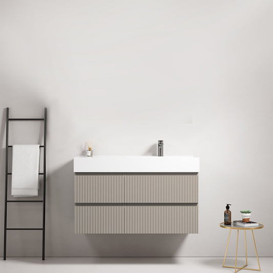 Mobile bagno sospeso cannettato 100 cm Grigio Cenere Lavabo a Destra in Resina Senza Specchio - Fiji Paint
