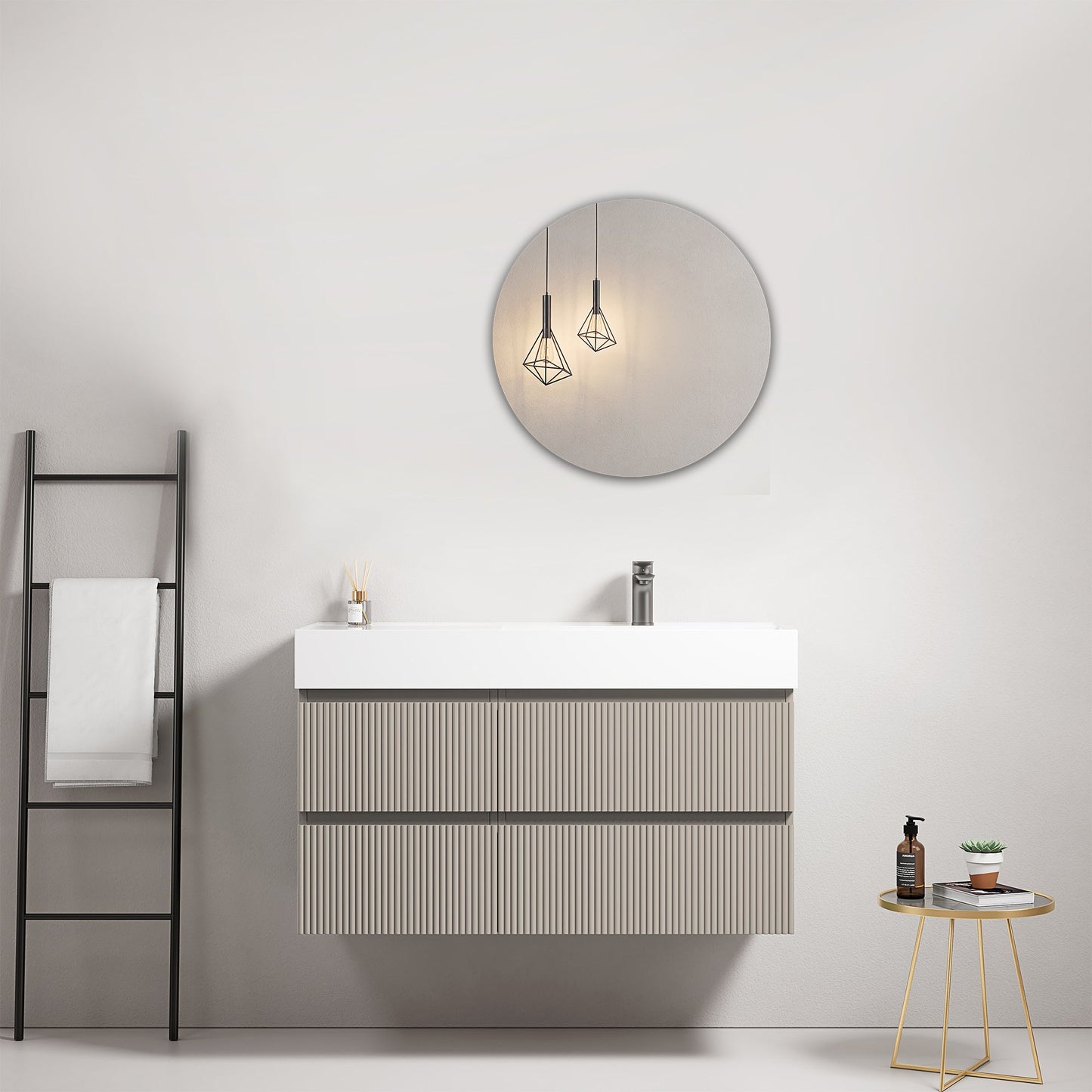 Mobile bagno sospeso cannettato 100 cm Grigio Cenere Lavabo a Destra in Resina Specchio Tondo - Fiji Paint