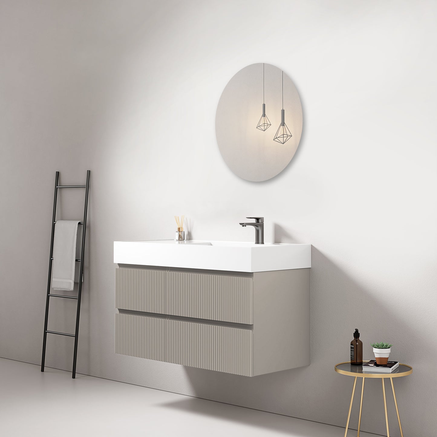 Mobile bagno sospeso cannettato 100 cm Grigio Cenere Lavabo a Destra in Resina Specchio Tondo - Fiji Paint