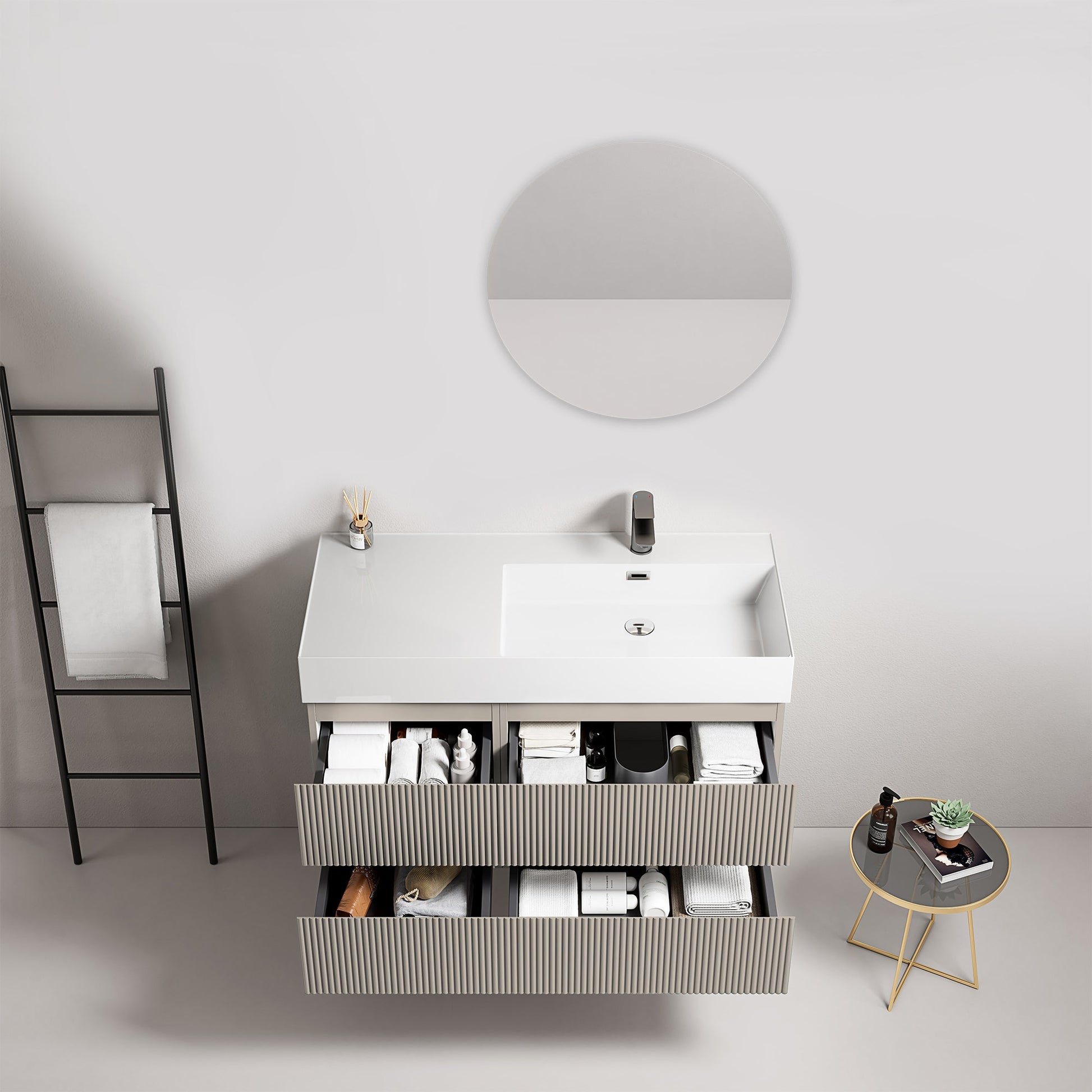 Mobile bagno sospeso cannettato 100 cm Grigio Cenere Lavabo a Destra in Resina Specchio Tondo - Fiji Paint.