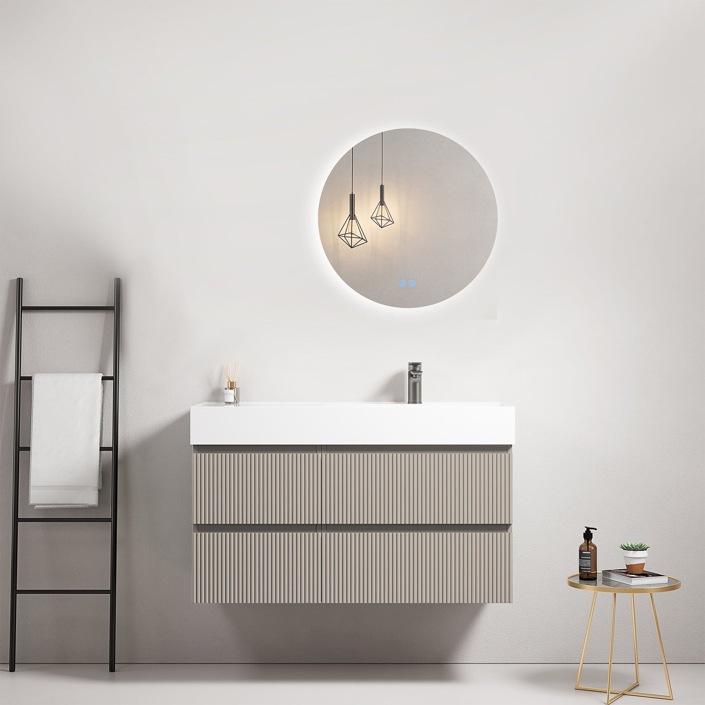 Mobile bagno sospeso cannettato 100 cm Grigio Cenere Lavabo a Destra in Resina Specchio Tondo Retroilluminato - Fiji Paint