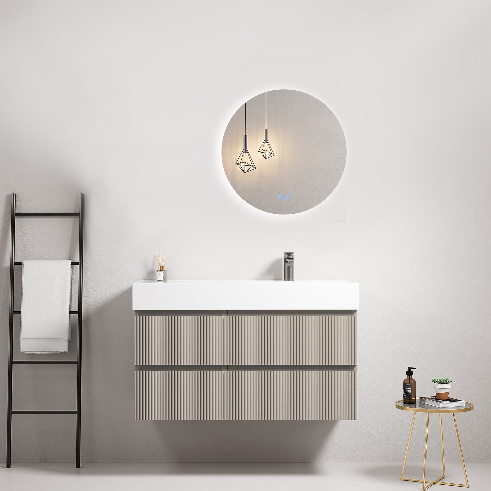 Mobile bagno sospeso cannettato 100 cm Grigio Cenere Lavabo a Destra in Resina Specchio Tondo Retroilluminato - Fiji Paint