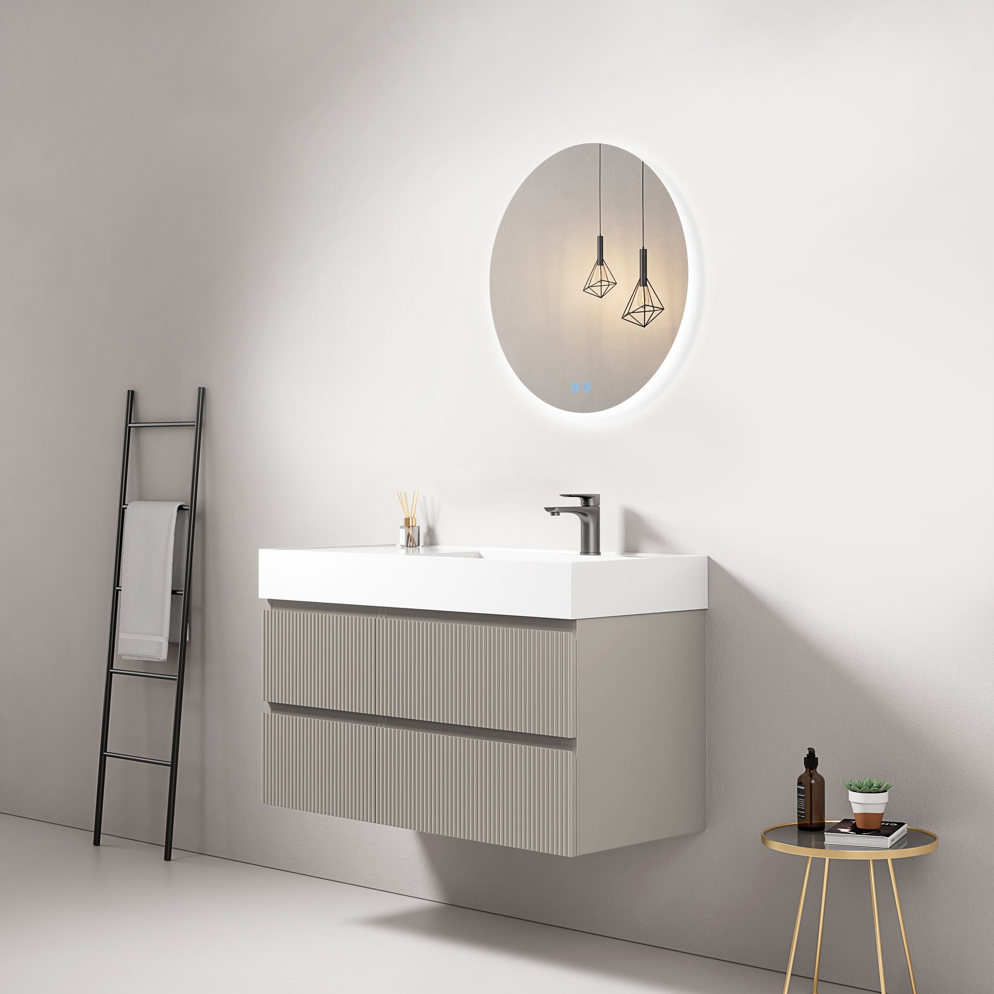 Mobile bagno sospeso cannettato 100 cm Grigio Cenere Lavabo a Destra in Resina Specchio Tondo Retroilluminato - Fiji Paint