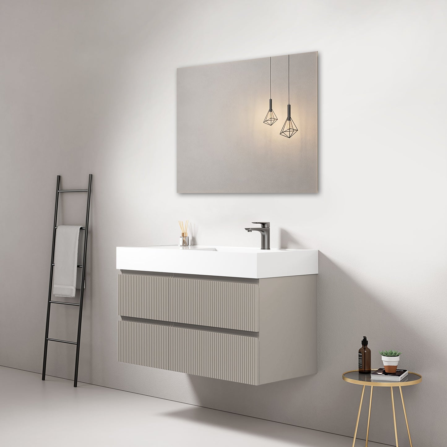 Mobile bagno sospeso cannettato 100 cm Grigio Cenere Lavabo a Destra in Resina Specchio Quadro - Fiji Paint