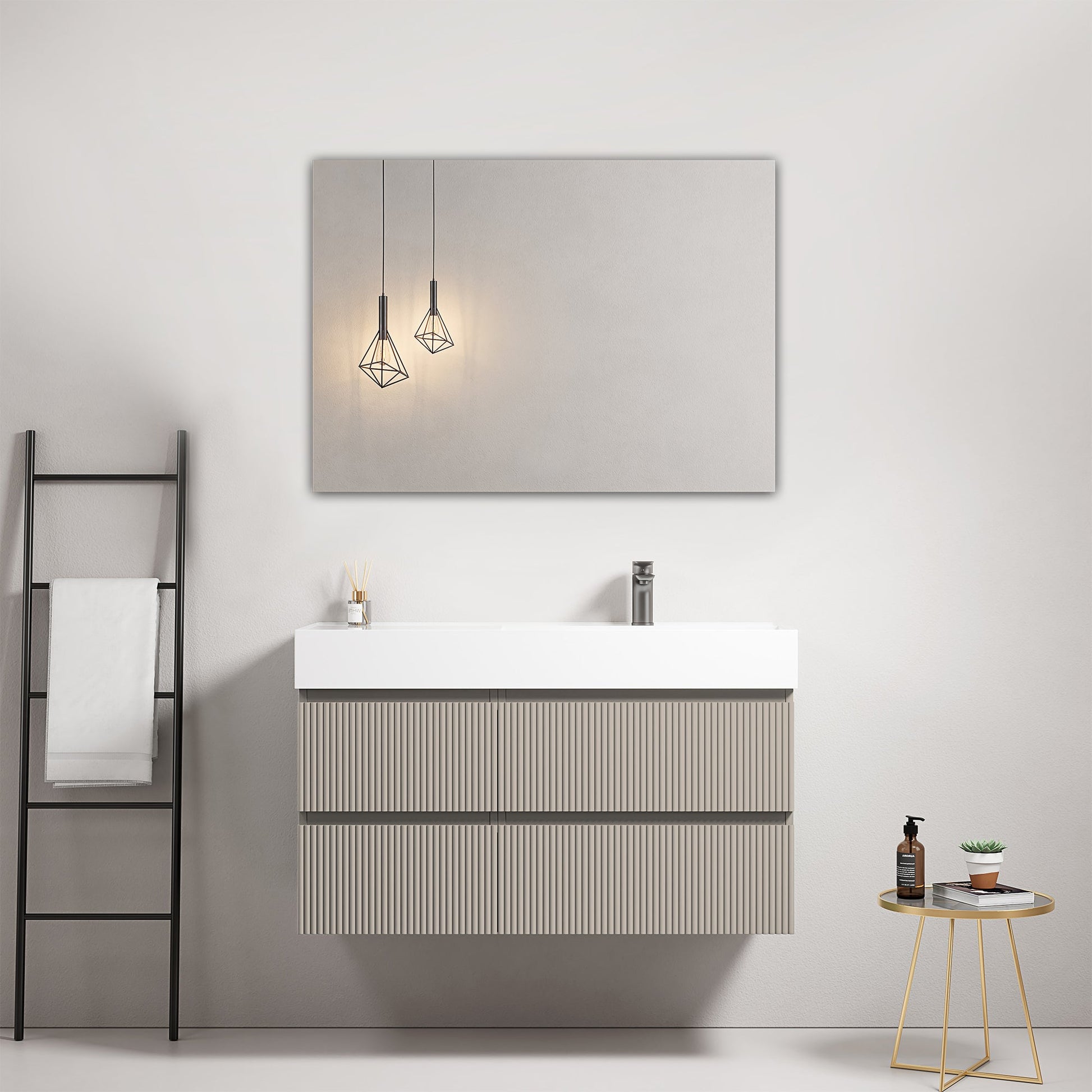 Mobile bagno sospeso cannettato 100 cm Grigio Cenere Lavabo a Destra in Resina Specchio Quadro - Fiji Paint