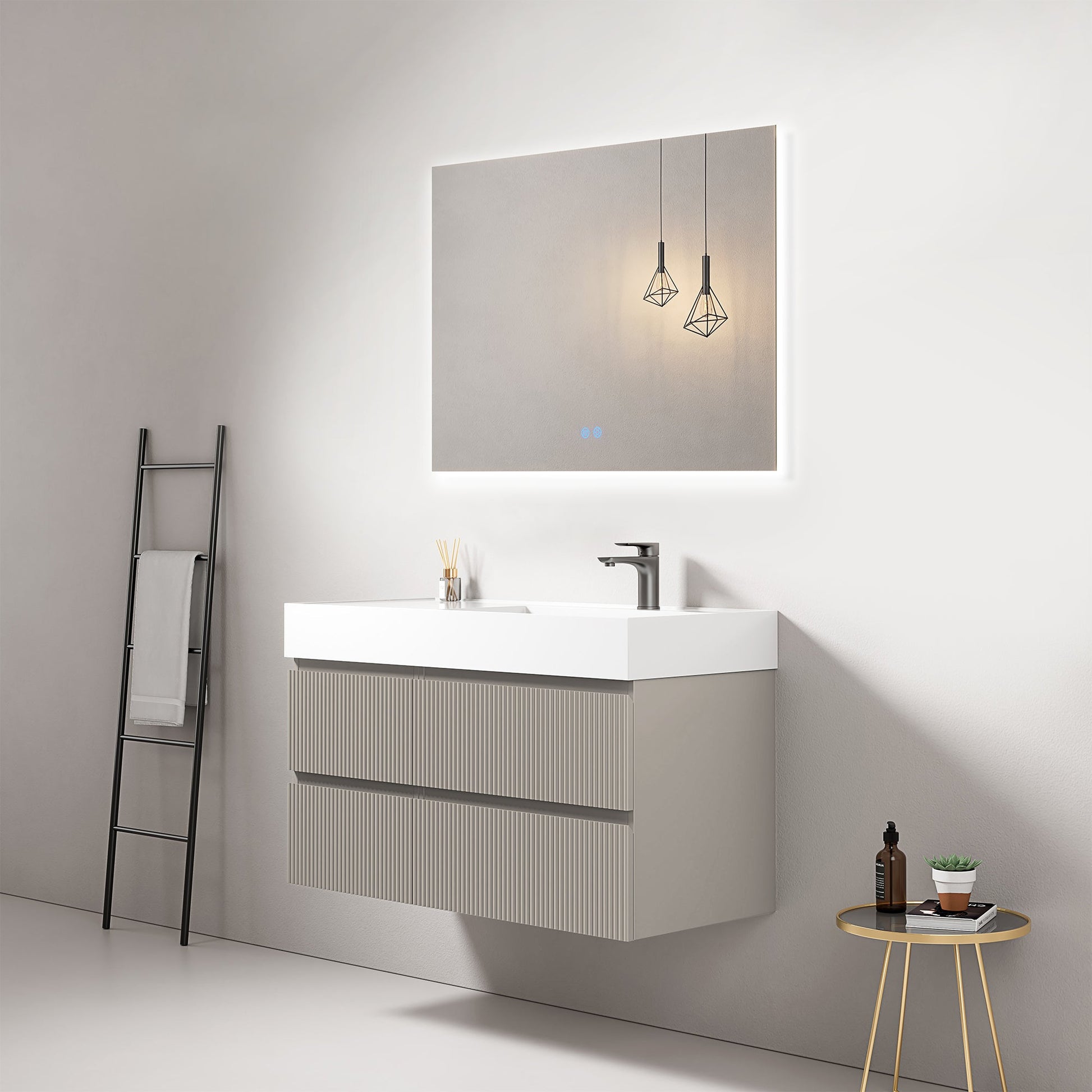 Mobile bagno sospeso cannettato 100 cm Grigio Cenere Lavabo a Destra in Resina Specchio Quadro Retroilluminato - Fiji Paint
