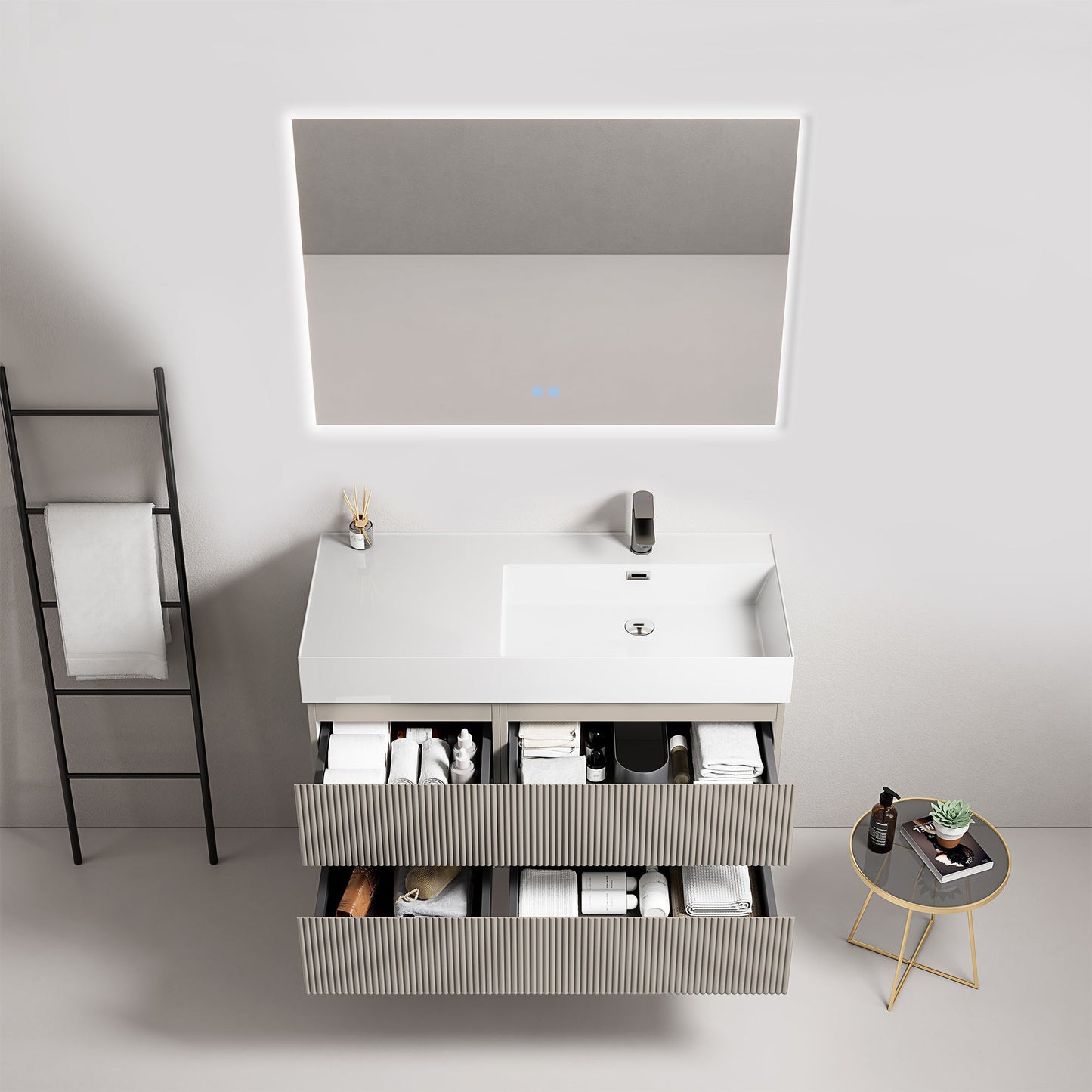 Mobile bagno sospeso cannettato 100 cm Grigio Cenere Lavabo a Destra in Resina Specchio Quadro Retroilluminato - Fiji Paint