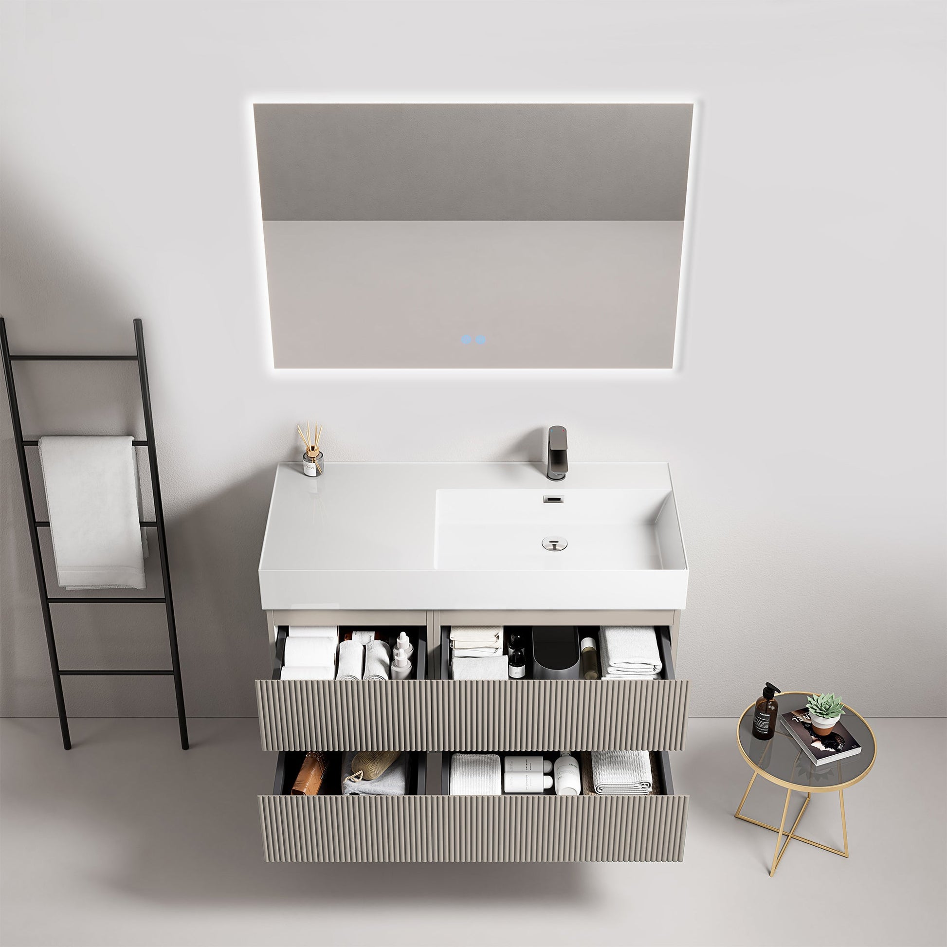 Mobile bagno sospeso cannettato 100 cm Grigio Cenere Lavabo a Destra in Resina Specchio Quadro Retroilluminato - Fiji Paint
