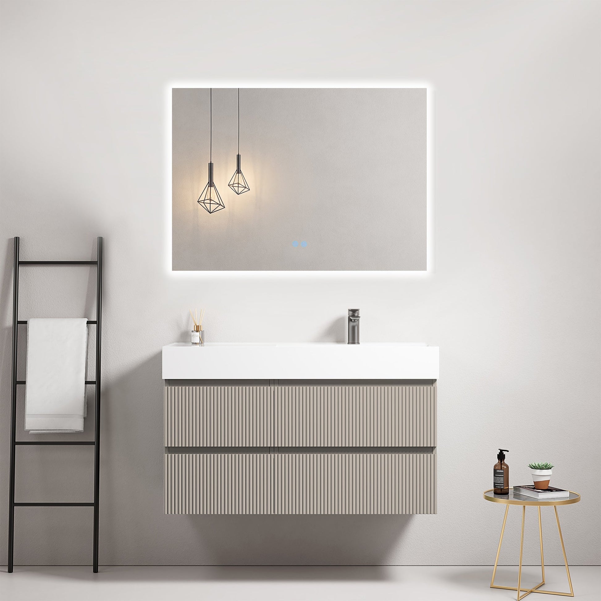 Mobile bagno sospeso cannettato 100 cm Grigio Cenere Lavabo a Destra in Resina Specchio Quadro Retroilluminato - Fiji Paint
