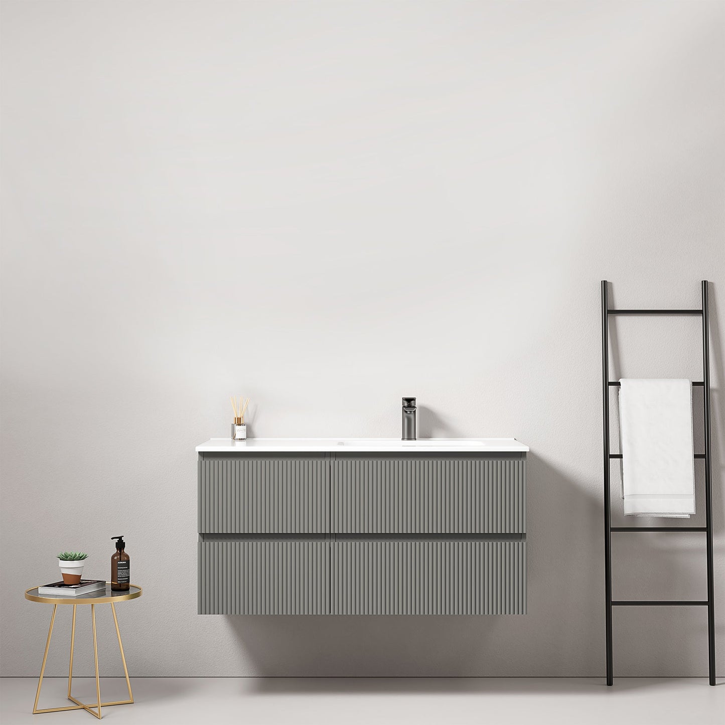 Mobile bagno sospeso cannettato 100 cm Grigio Londra Lavabo a Destra in Ceramica Senza Specchio - Fiji Paint.