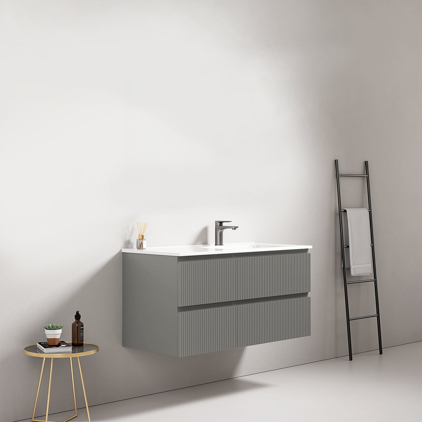 Mobile bagno sospeso cannettato 100 cm Grigio Londra Lavabo a Destra in Ceramica Senza Specchio - Fiji Paint