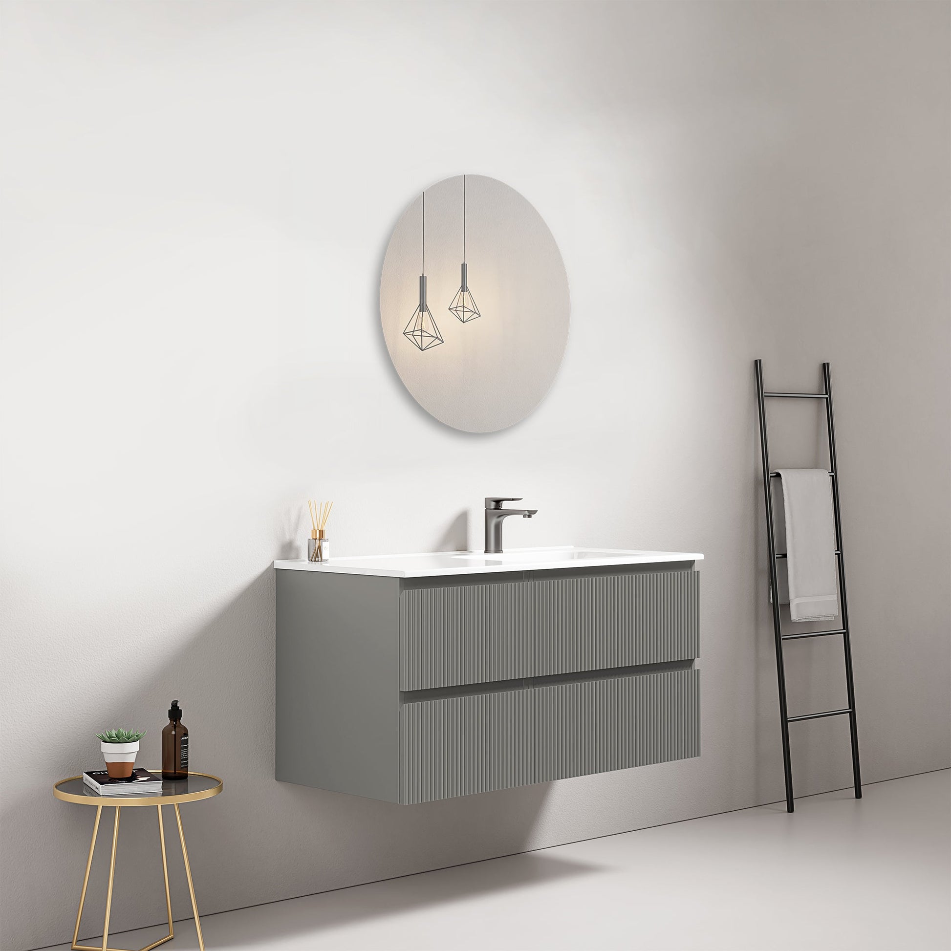 Mobile bagno sospeso cannettato 100 cm Grigio Londra Lavabo a Destra in Ceramica Specchio Tondo - Fiji Paint