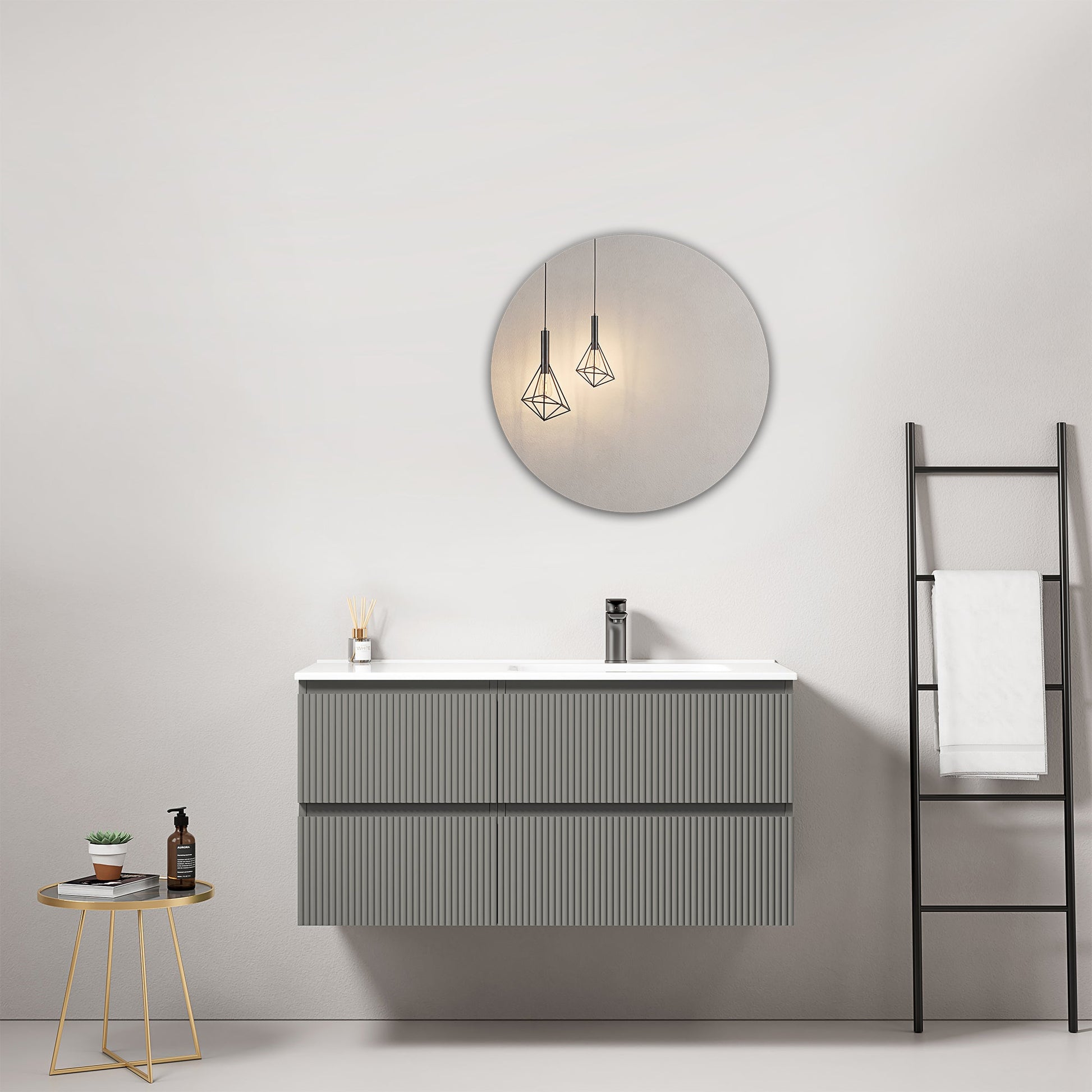 Mobile bagno sospeso cannettato 100 cm Grigio Londra Lavabo a Destra in Ceramica Specchio Tondo - Fiji Paint.