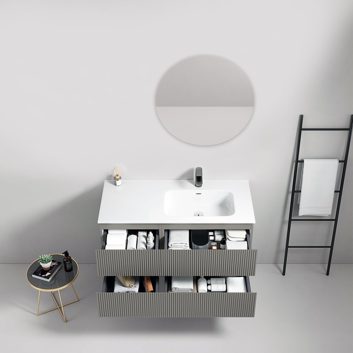 Mobile bagno sospeso cannettato 100 cm Grigio Londra Lavabo a Destra in Ceramica Specchio Tondo - Fiji Paint