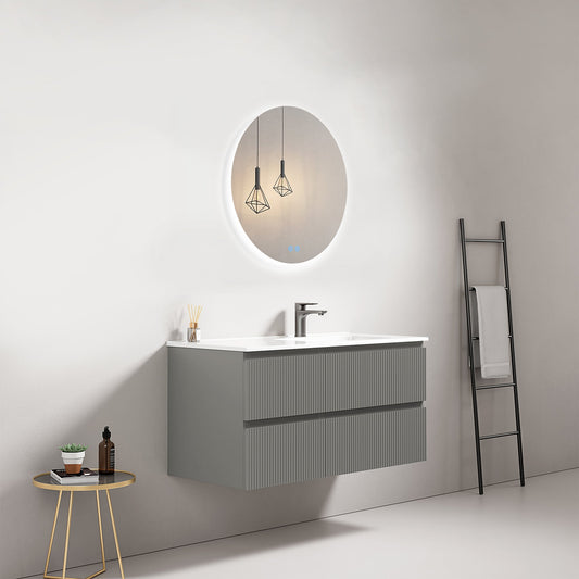 Mobile bagno sospeso cannettato 100 cm Grigio Londra Lavabo a Destra in Ceramica Specchio Tondo Retroilluminato - Fiji Paint