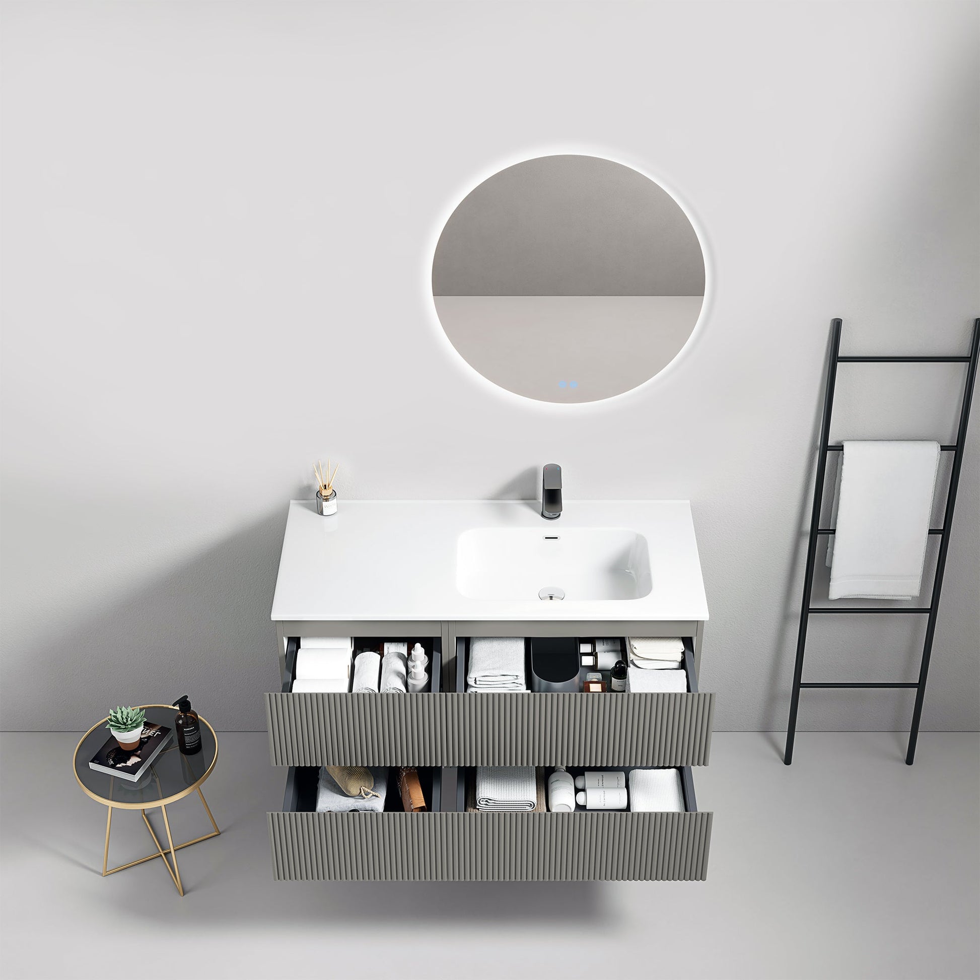 Mobile bagno sospeso cannettato 100 cm Grigio Londra Lavabo a Destra in Ceramica Specchio Tondo Retroilluminato - Fiji Paint