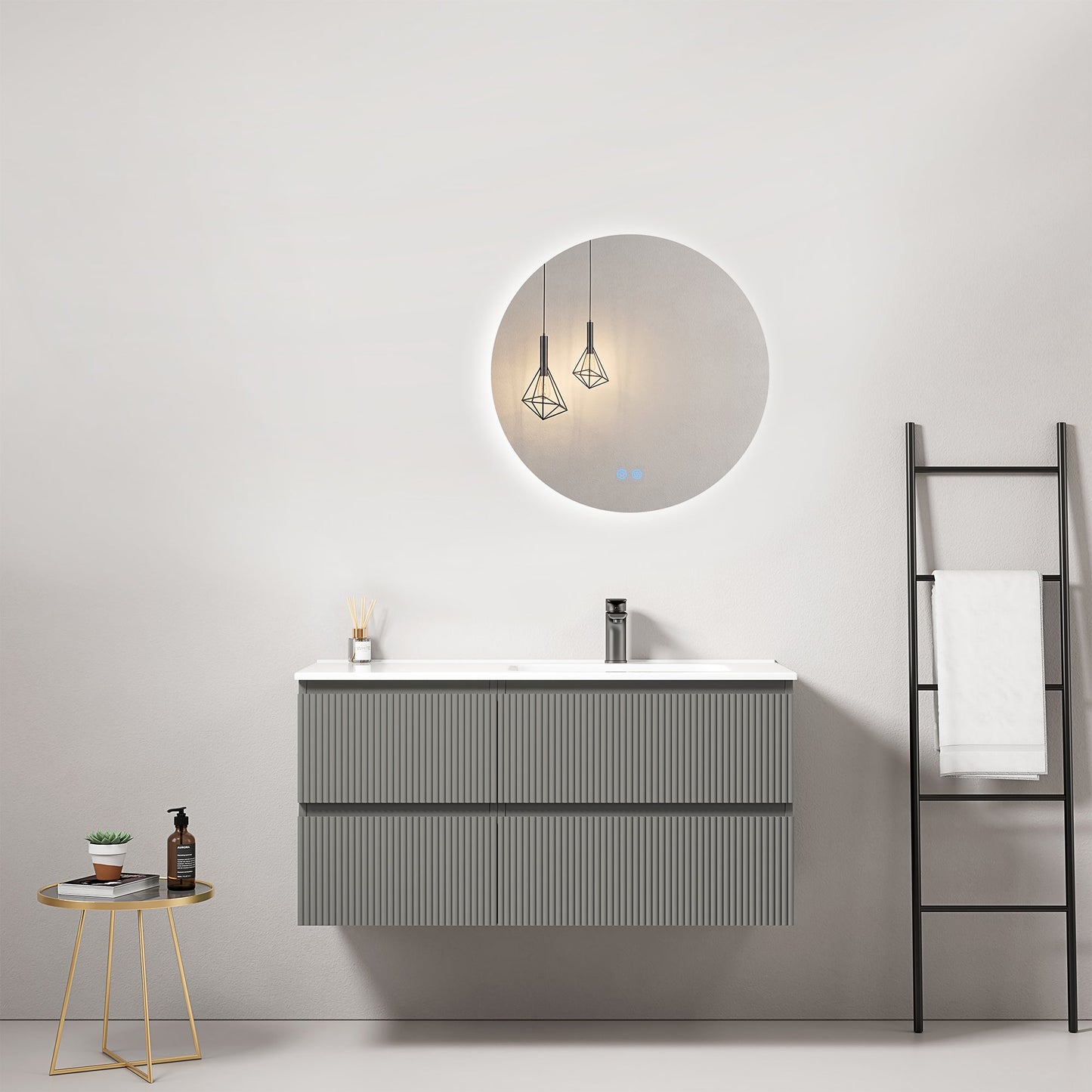Mobile bagno sospeso cannettato 100 cm Grigio Londra Lavabo a Destra in Ceramica Specchio Tondo Retroilluminato - Fiji Paint