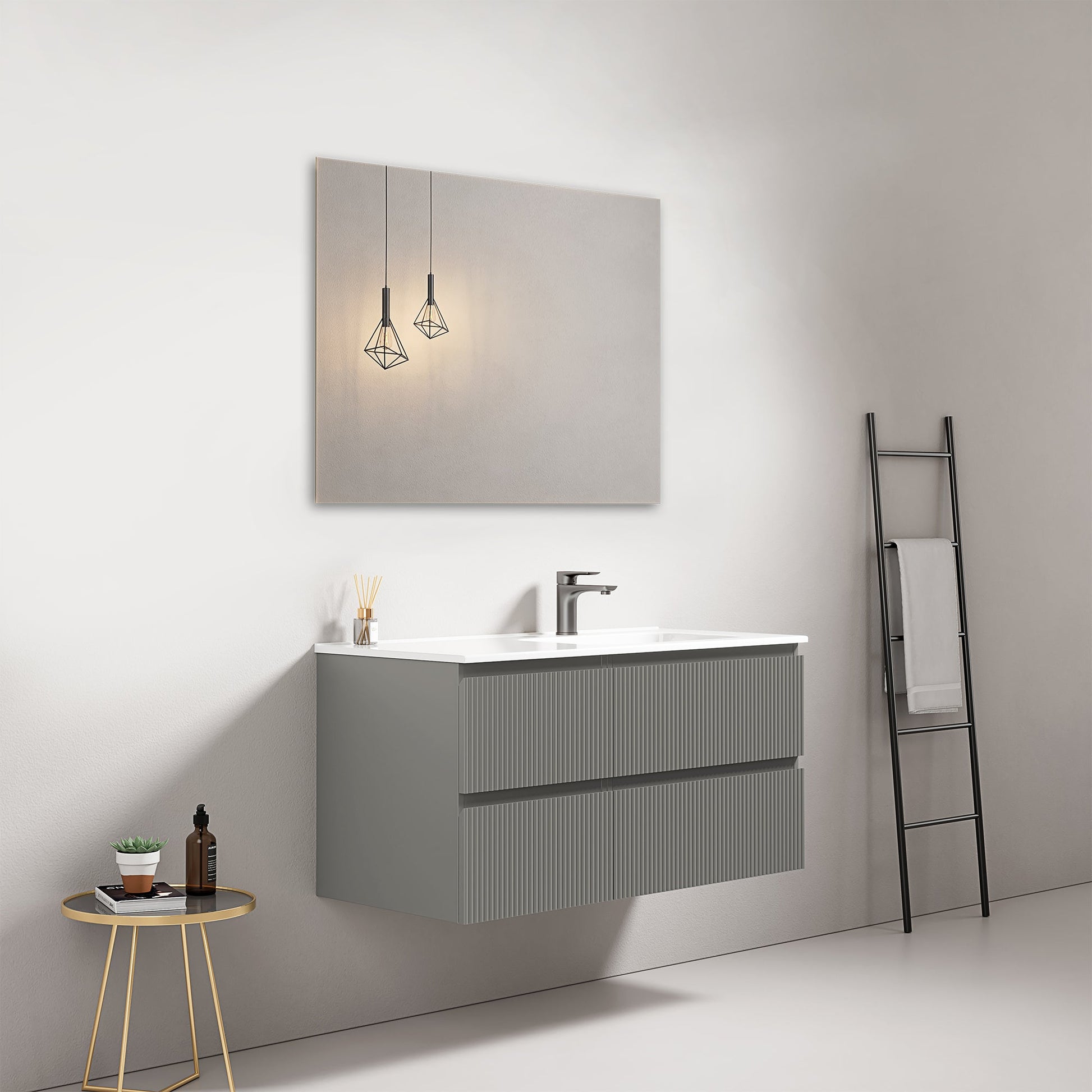 Mobile bagno sospeso cannettato 100 cm Grigio Londra Lavabo a Destra in Ceramica Specchio Quadro - Fiji Paint