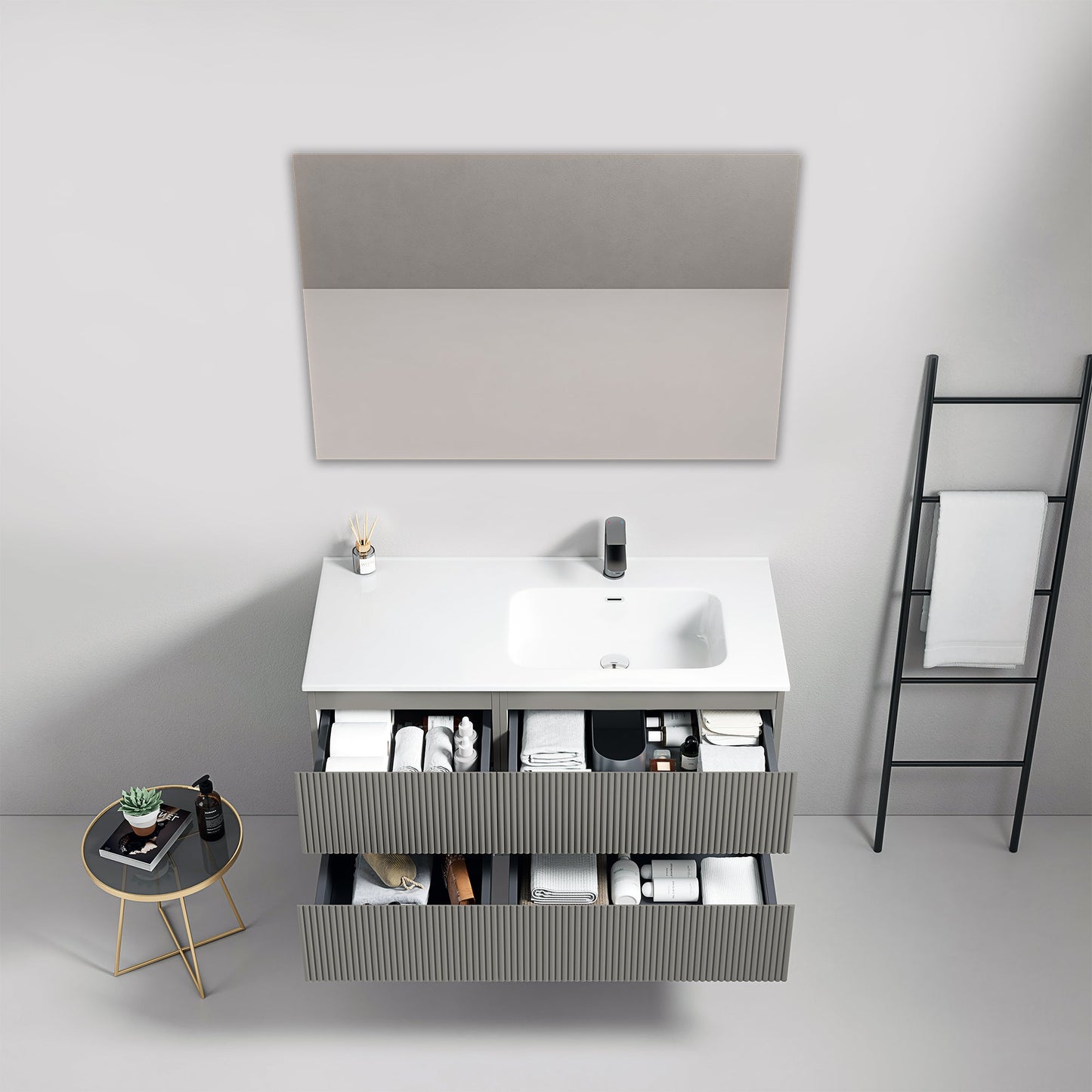 Mobile bagno sospeso cannettato 100 cm Grigio Londra Lavabo a Destra in Ceramica Specchio Quadro - Fiji Paint
