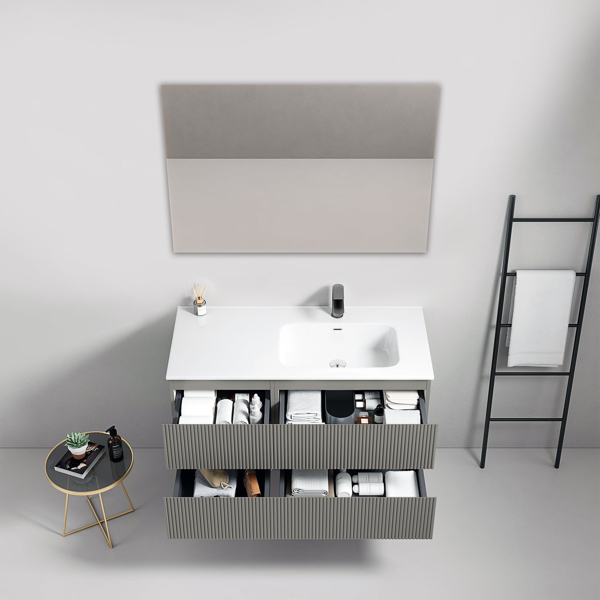 Mobile bagno sospeso cannettato 100 cm Grigio Londra Lavabo a Destra in Ceramica Specchio Quadro - Fiji Paint