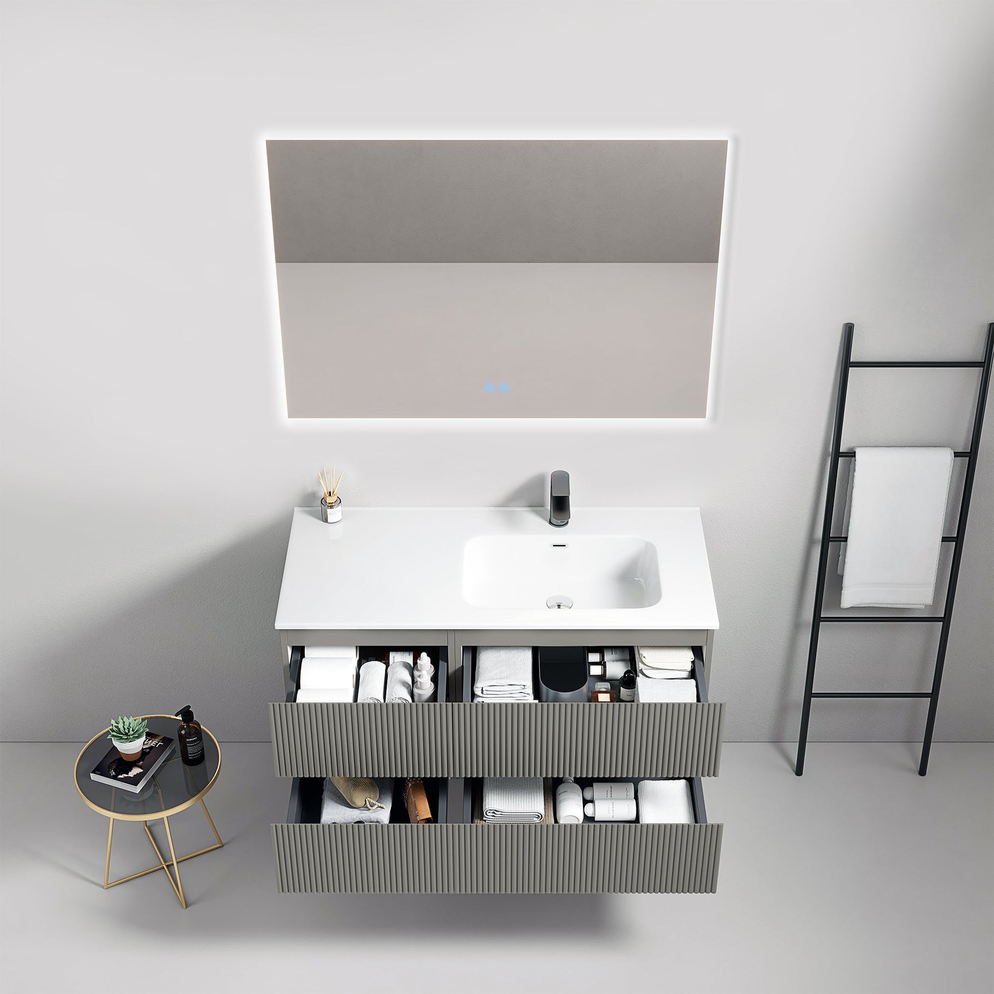 Mobile bagno sospeso cannettato 100 cm Grigio Londra Lavabo a Destra in Ceramica Specchio Quadro Retroilluminato - Fiji Paint