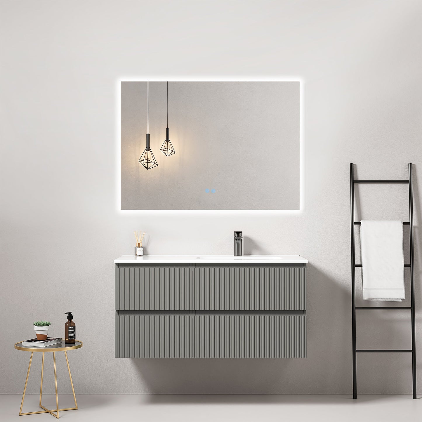 Mobile bagno sospeso cannettato 100 cm Grigio Londra Lavabo a Destra in Ceramica Specchio Quadro Retroilluminato - Fiji Paint